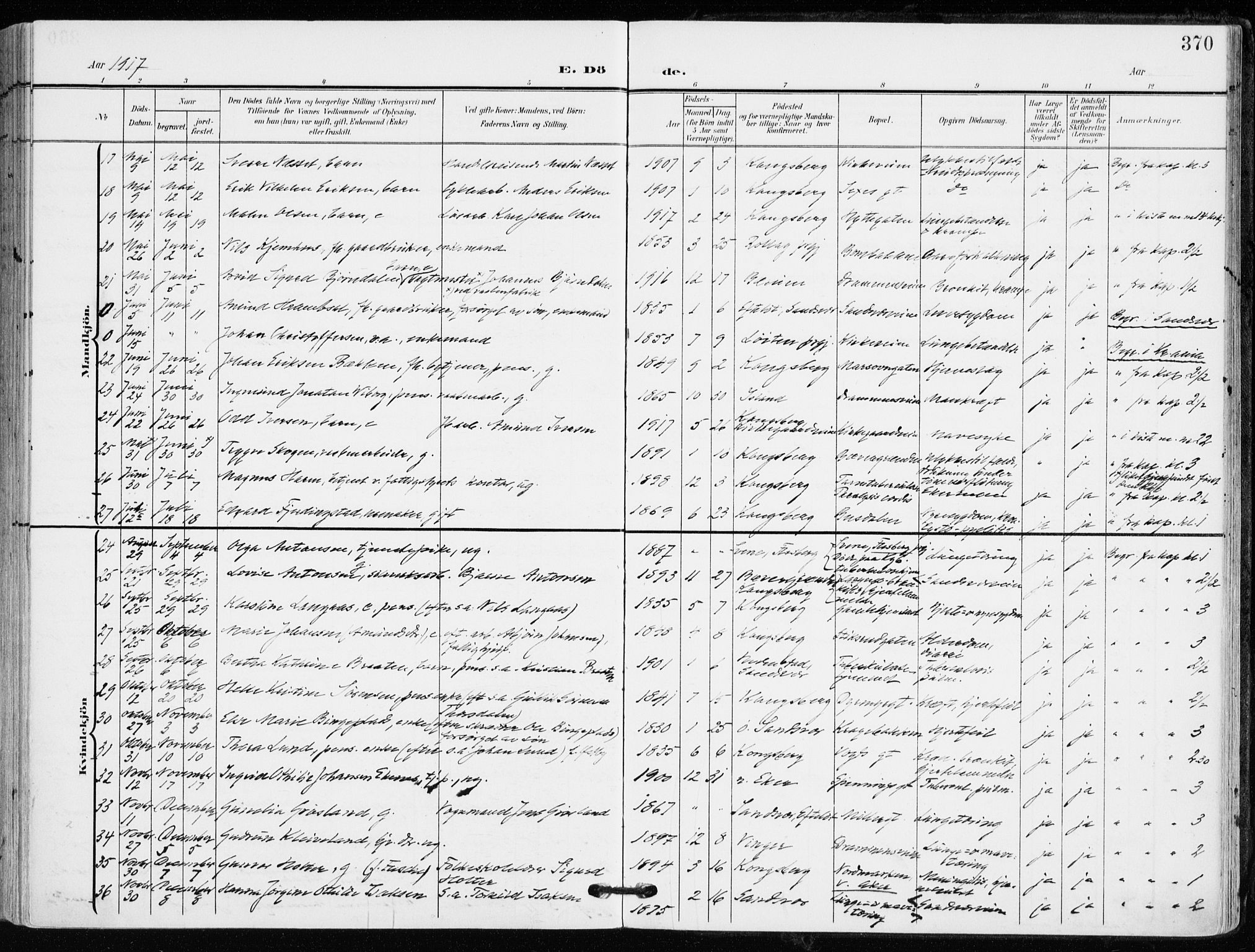 Kongsberg kirkebøker, AV/SAKO-A-22/F/Fb/L0004: Parish register (official) no. II 4, 1906-1918, p. 370