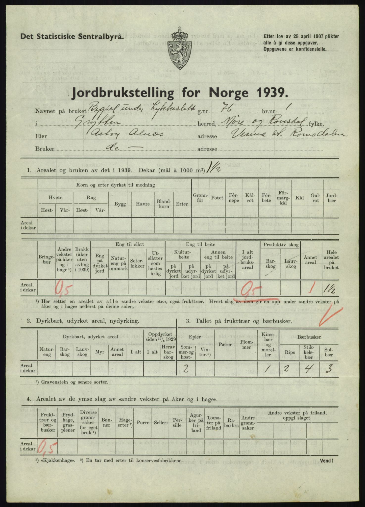 Statistisk sentralbyrå, Næringsøkonomiske emner, Jordbruk, skogbruk, jakt, fiske og fangst, AV/RA-S-2234/G/Gb/L0251: Møre og Romsdal: Voll, Eid, Grytten og Hen, 1939, p. 551