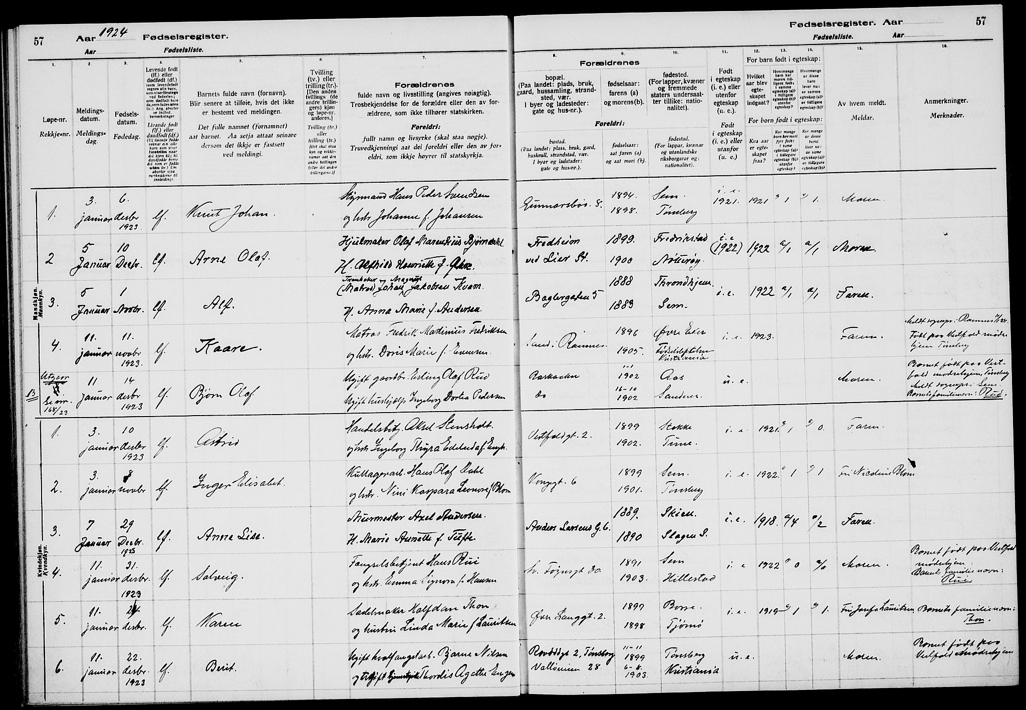 Tønsberg kirkebøker, AV/SAKO-A-330/J/Ja/L0002: Birth register no. 2, 1922-1928, p. 57