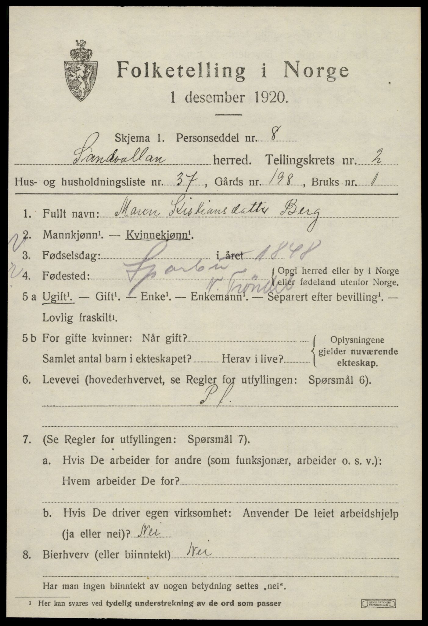 SAT, 1920 census for Sandvollan, 1920, p. 1101