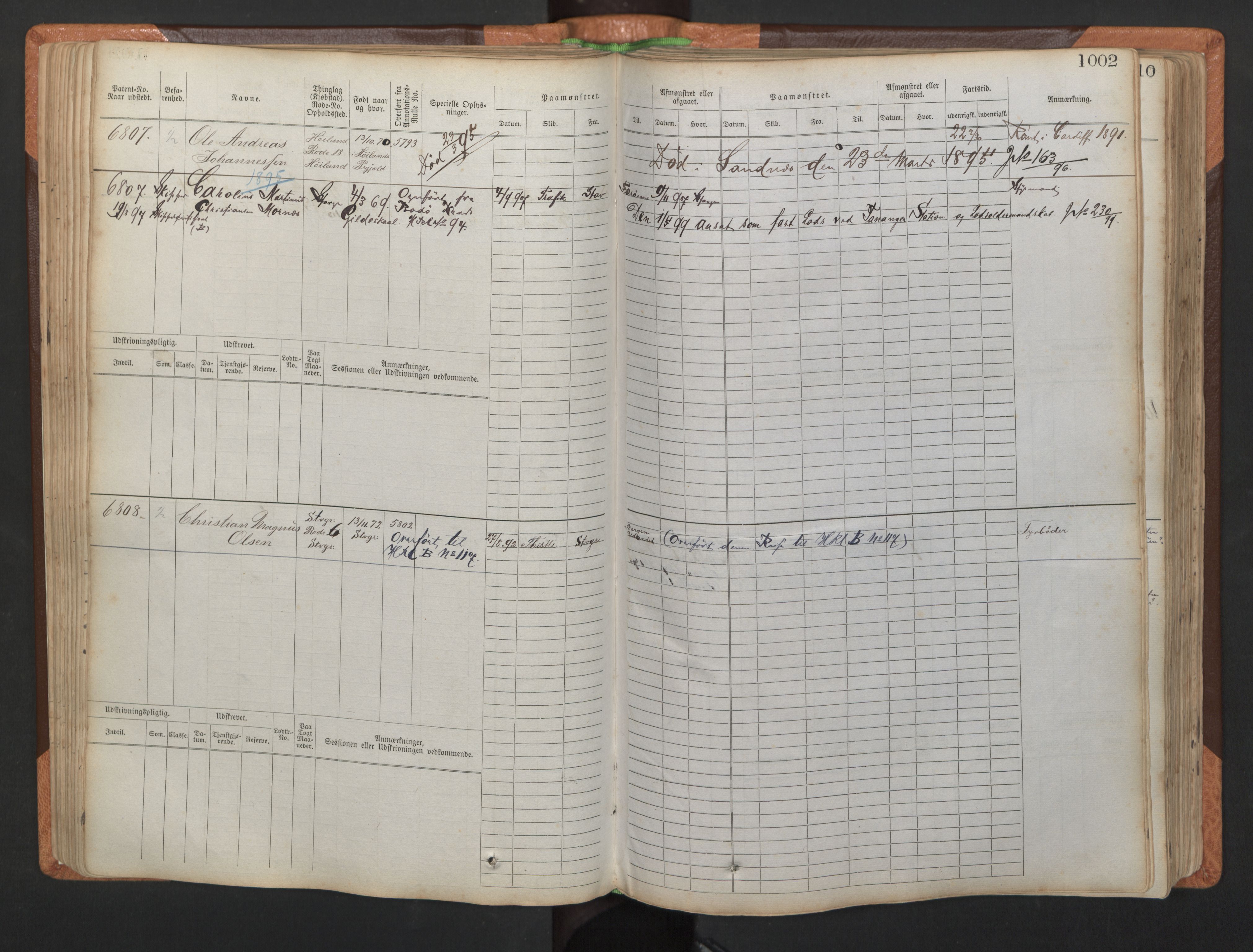 Stavanger sjømannskontor, AV/SAST-A-102006/F/Fb/Fbb/L0011: Sjøfartshovedrulle, patentnr. 6607-7206 (del 2), 1887-1896, p. 105