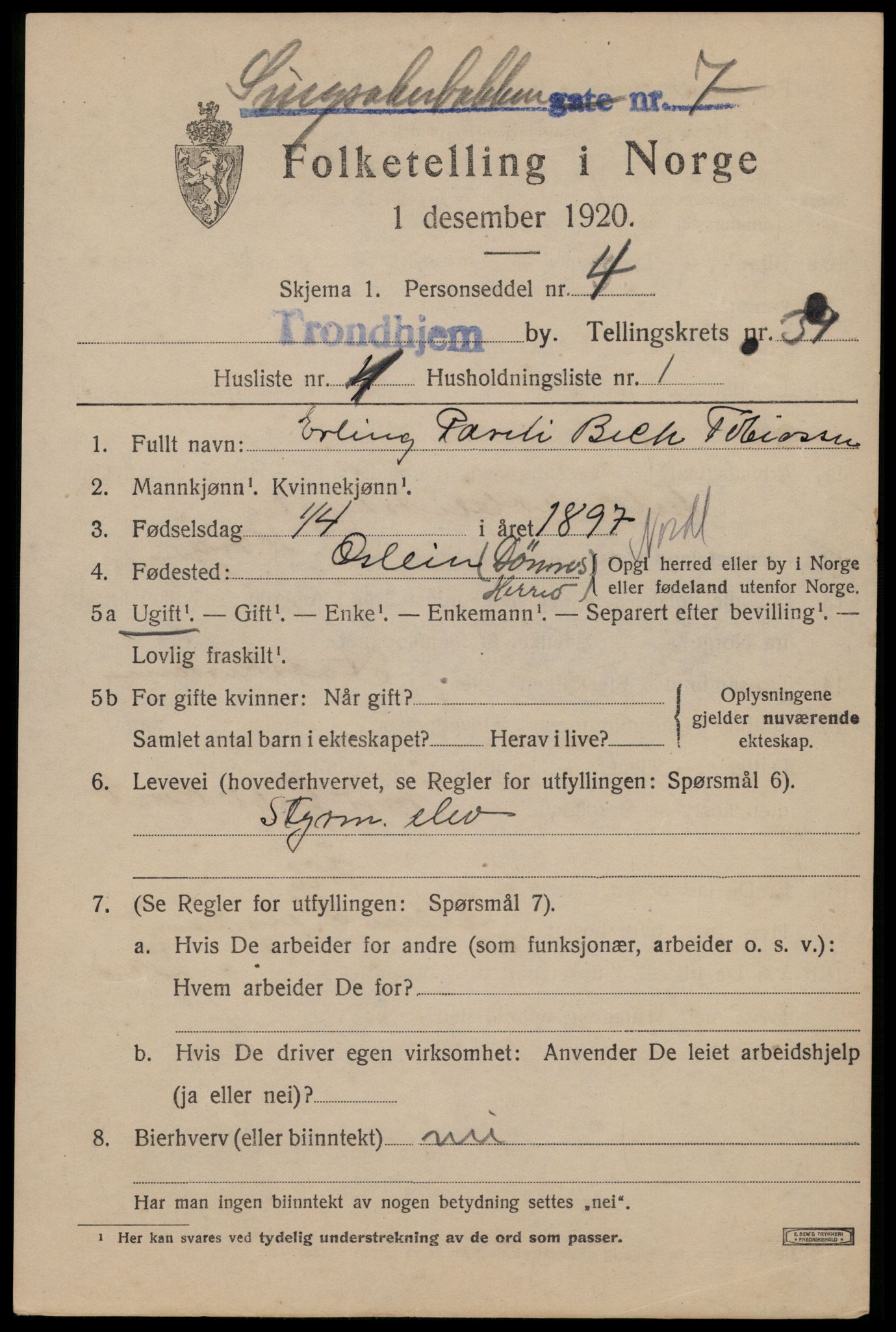 SAT, 1920 census for Trondheim, 1920, p. 87828