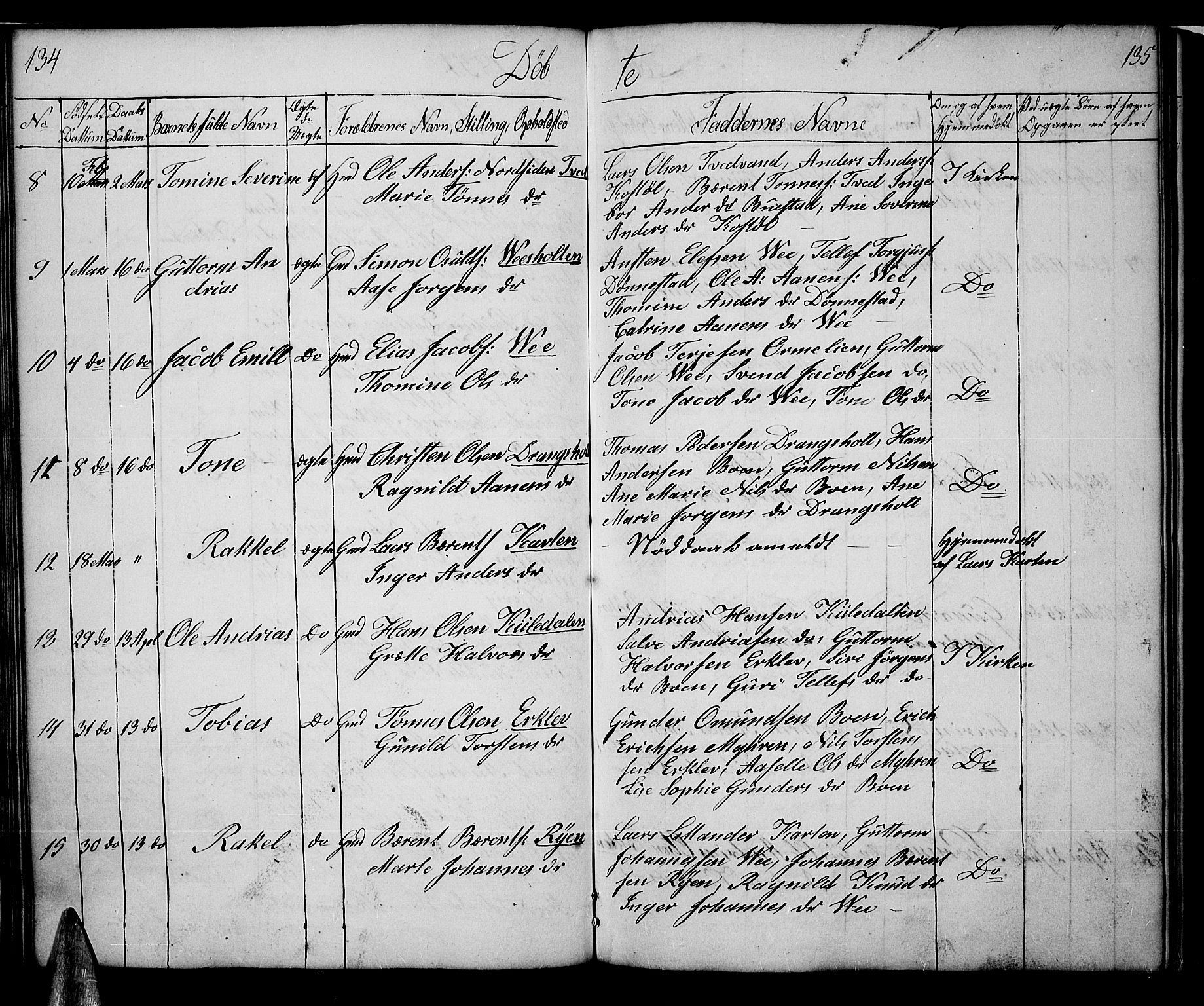 Tveit sokneprestkontor, SAK/1111-0043/F/Fb/L0002: Parish register (copy) no. B 2, 1835-1854, p. 134-135