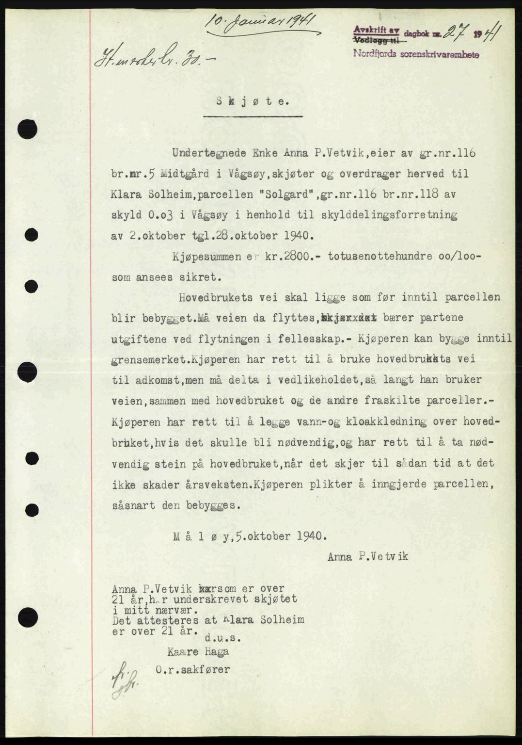 Nordfjord sorenskriveri, AV/SAB-A-2801/02/02b/02bj/L0006: Mortgage book no. A6, 1940-1941, Diary no: : 27/1941