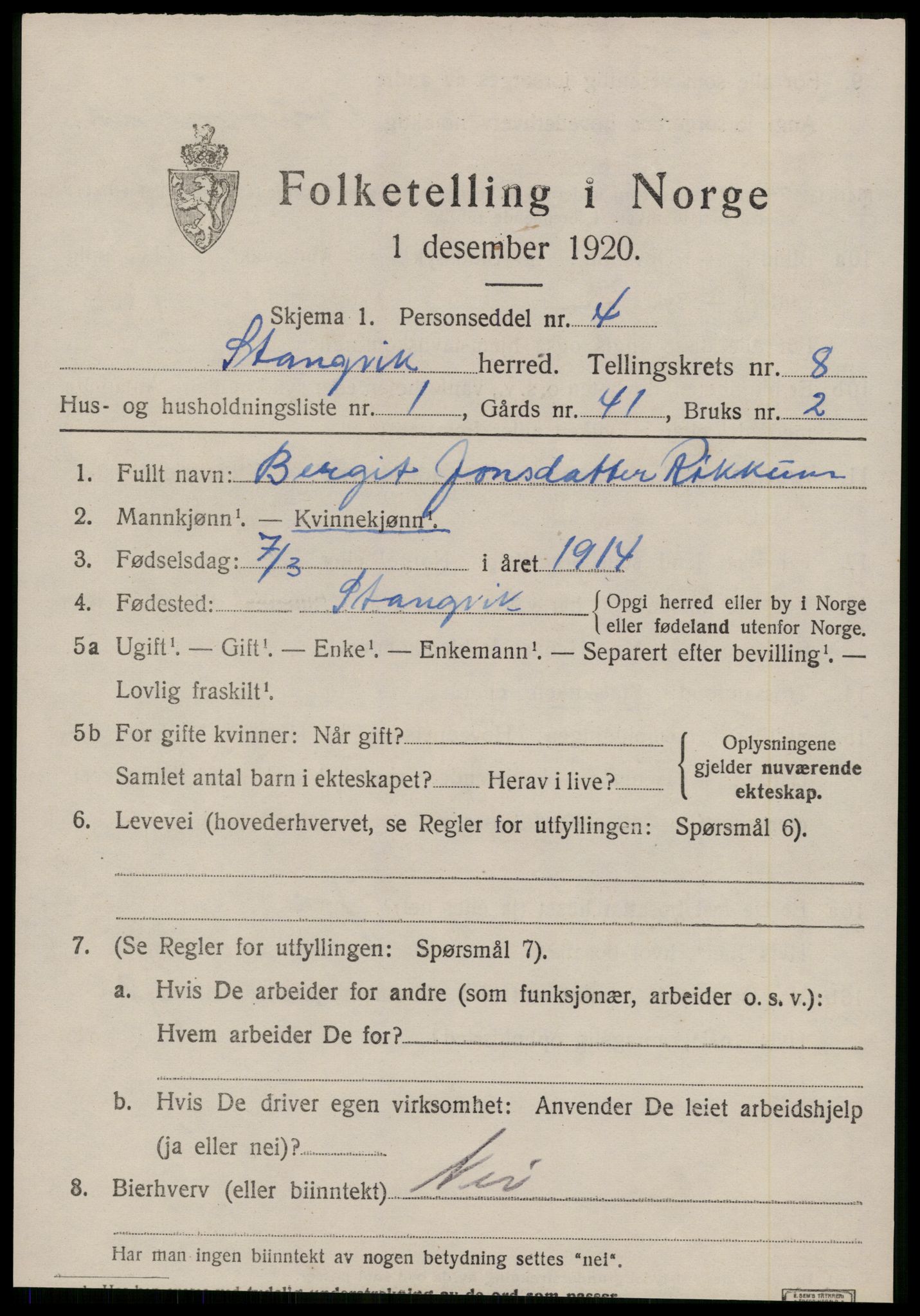 SAT, 1920 census for Stangvik, 1920, p. 4786