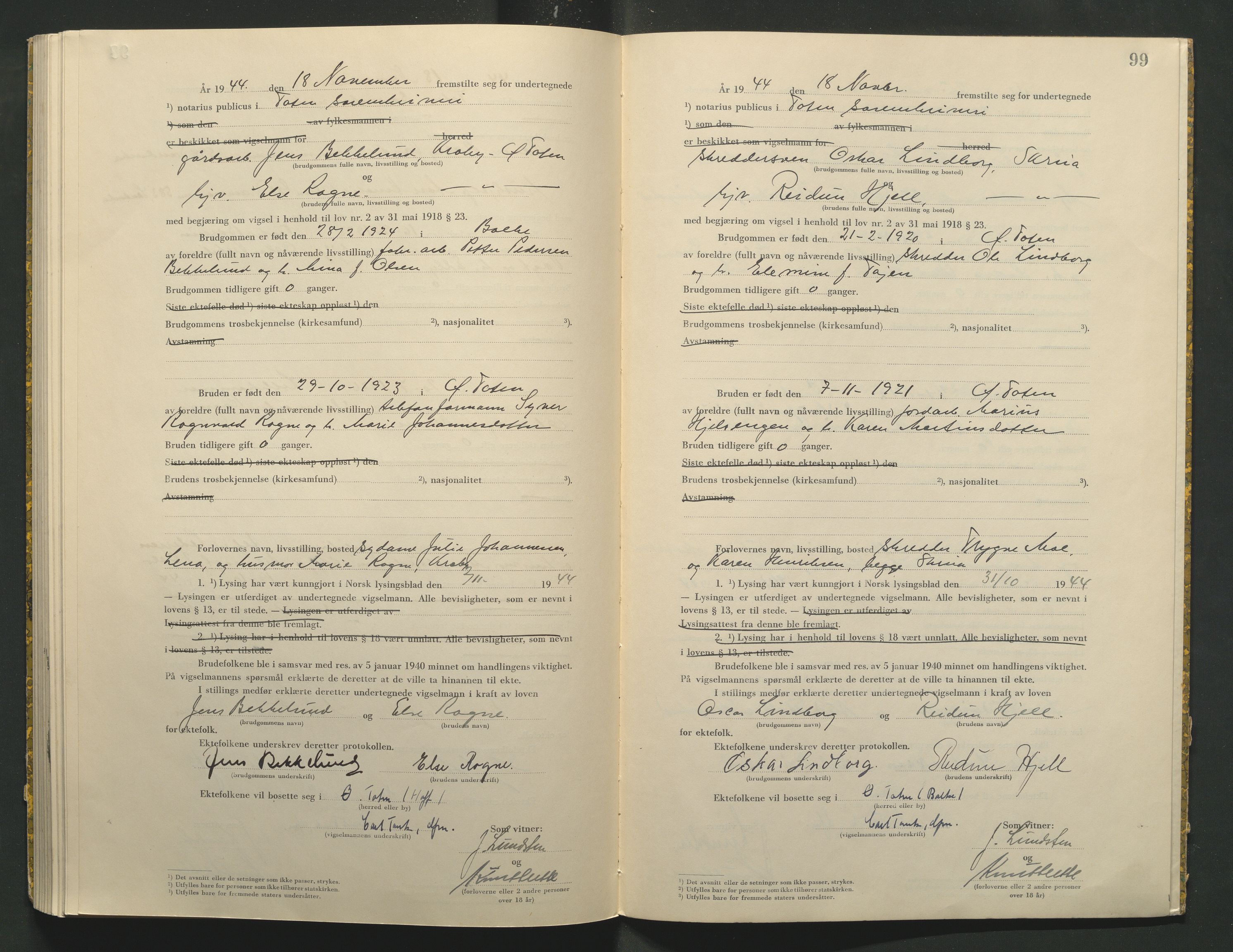 Toten tingrett, AV/SAH-TING-006/L/Lc/L0004: Vigselbok, 1944, p. 99