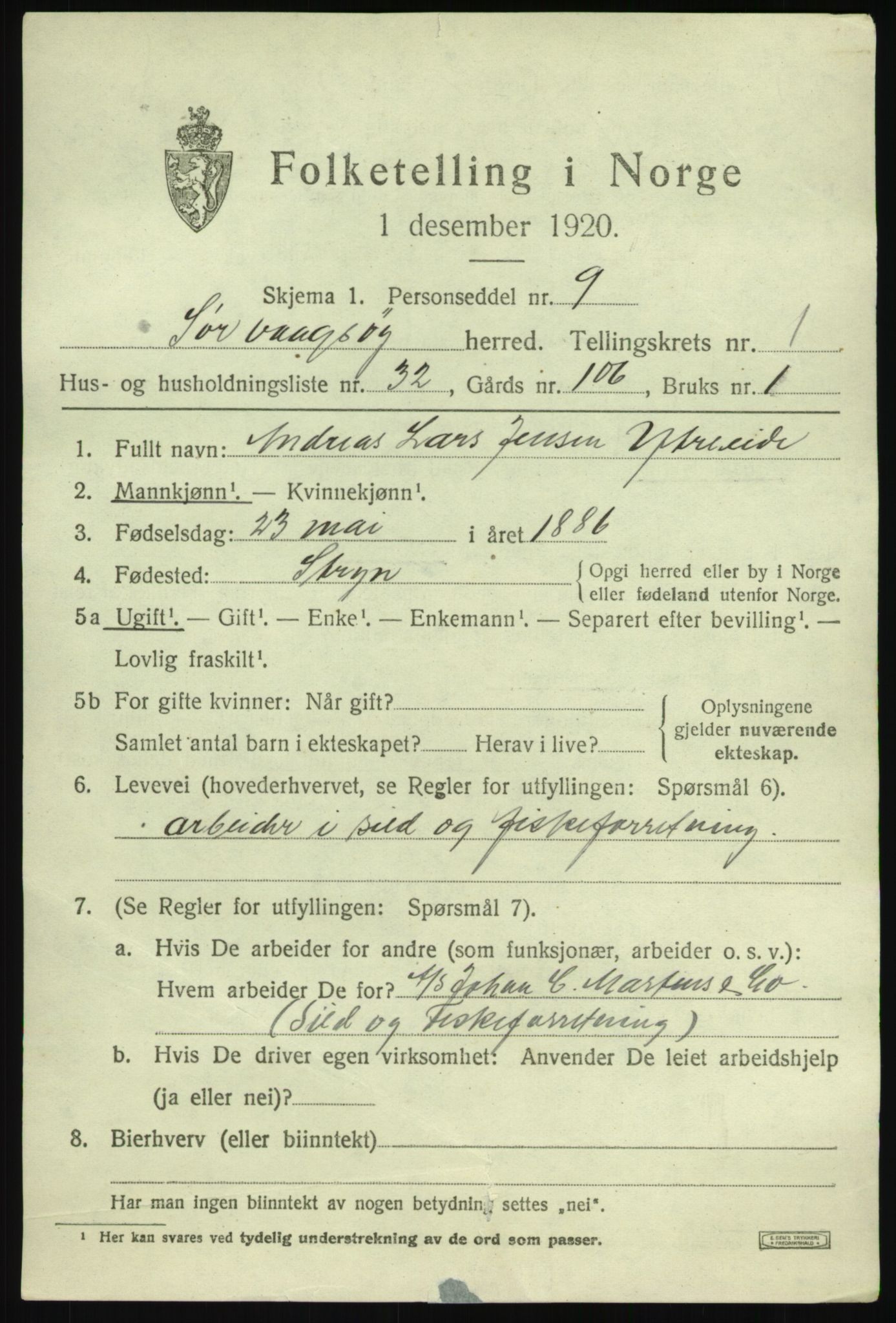 SAB, 1920 census for Sør-Vågsøy, 1920, p. 1038