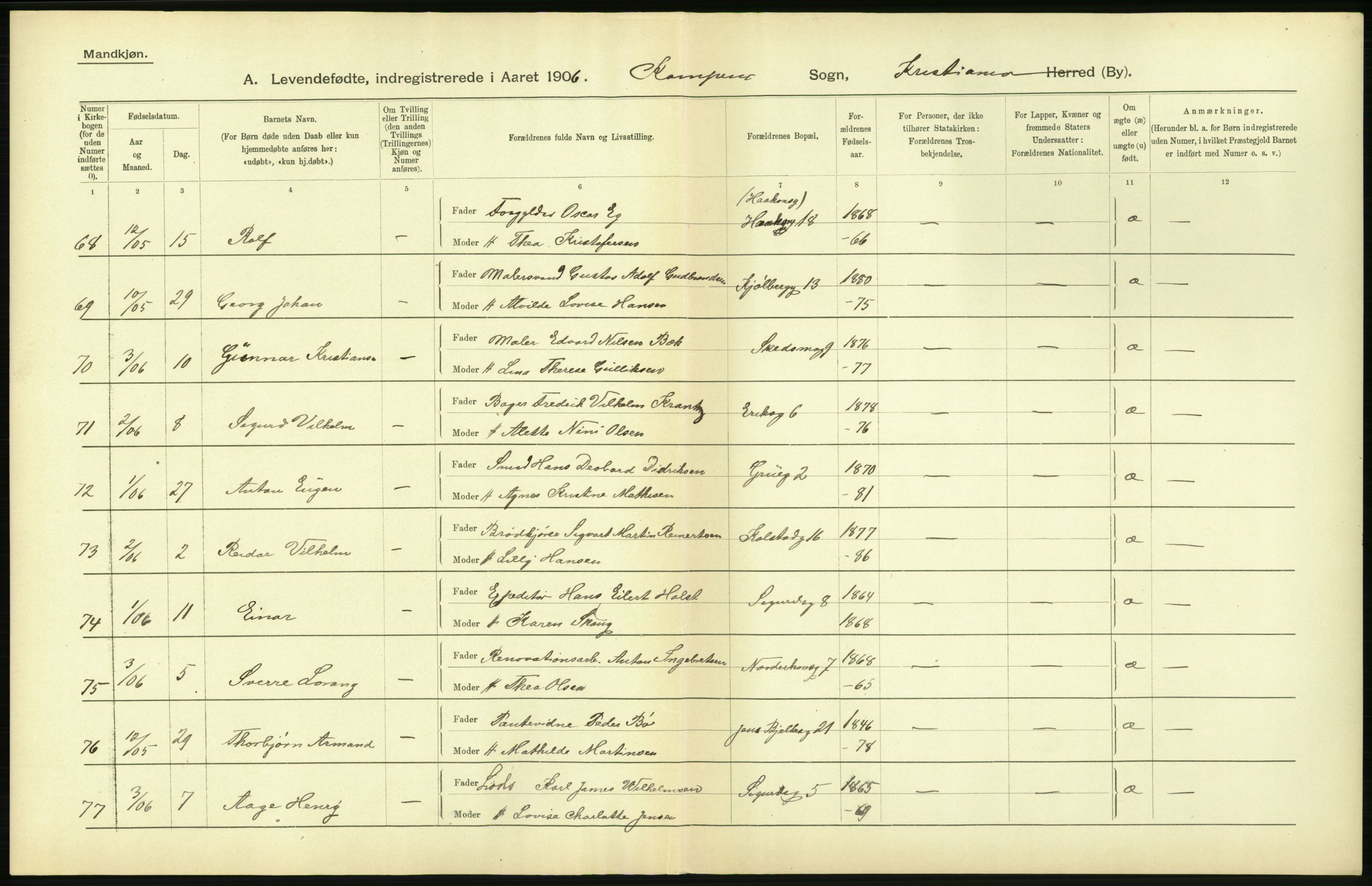 Statistisk sentralbyrå, Sosiodemografiske emner, Befolkning, AV/RA-S-2228/D/Df/Dfa/Dfad/L0007: Kristiania: Levendefødte menn og kvinner., 1906, p. 708