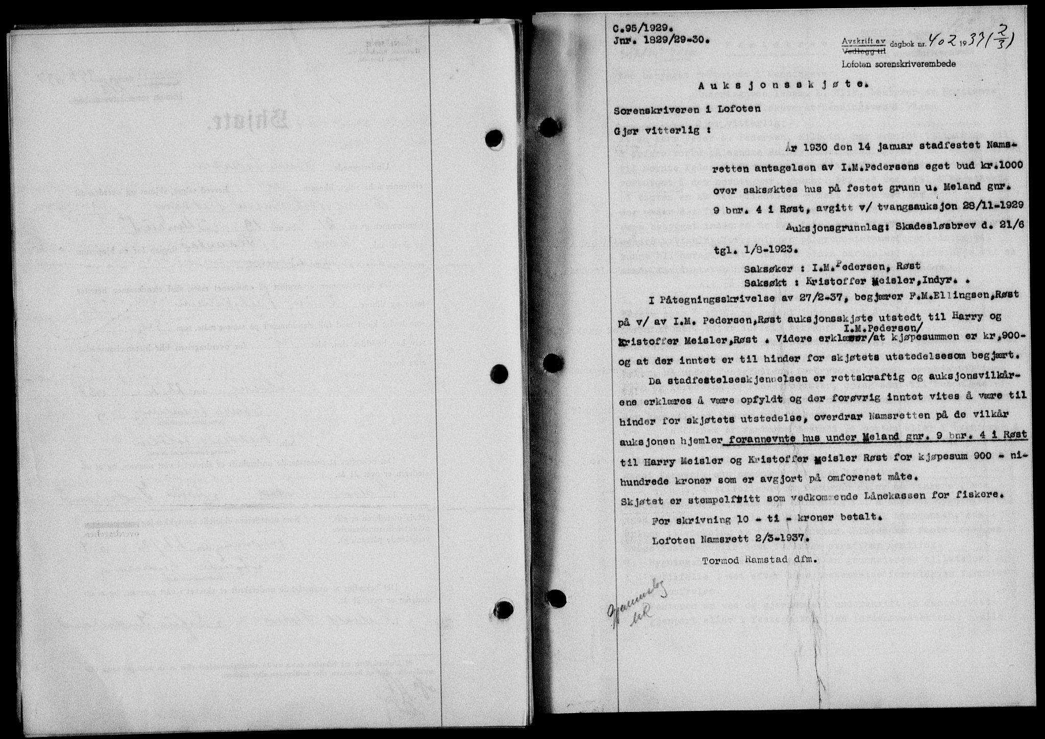 Lofoten sorenskriveri, SAT/A-0017/1/2/2C/L0001a: Mortgage book no. 1a, 1936-1937, Diary no: : 402/1937