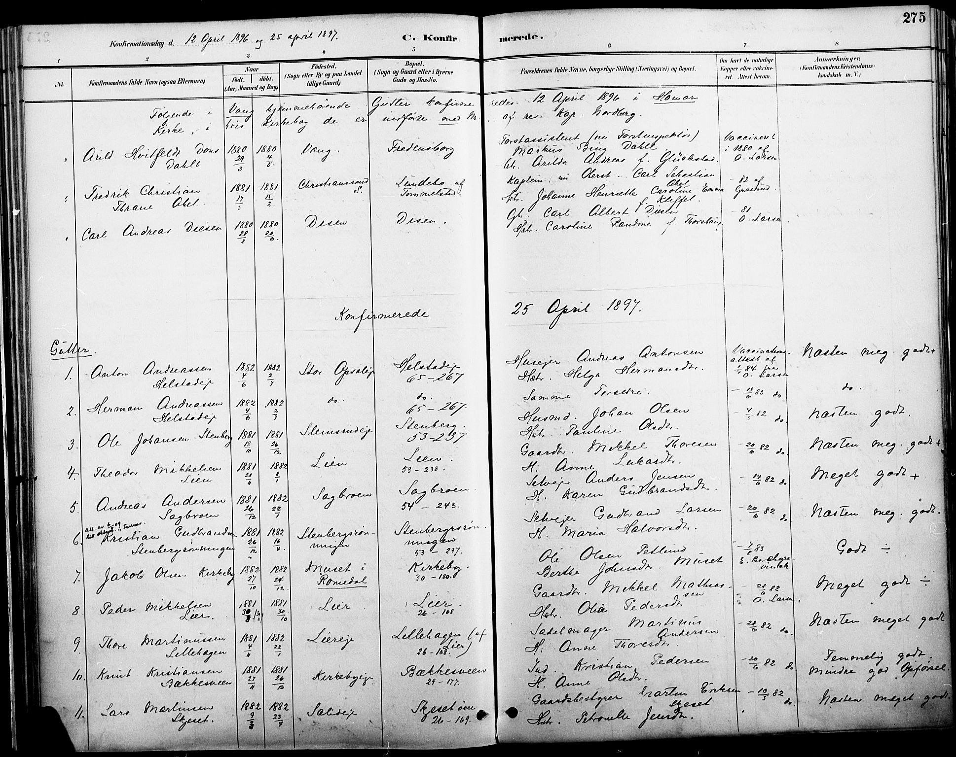 Vang prestekontor, Hedmark, SAH/PREST-008/H/Ha/Haa/L0019A: Parish register (official) no. 19, 1886-1900, p. 275