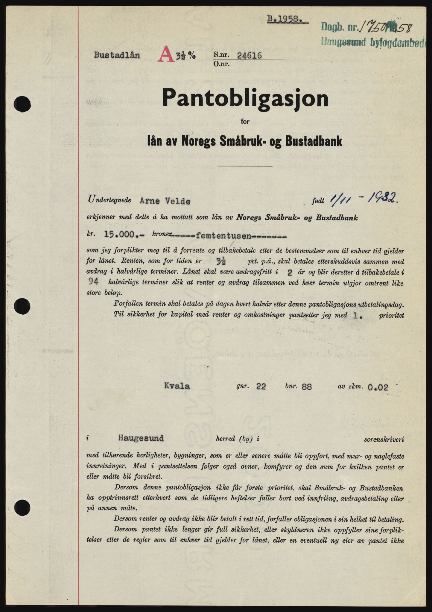 Haugesund tingrett, SAST/A-101415/01/II/IIC/L0044: Mortgage book no. B 44, 1958-1959, Diary no: : 1750/1958