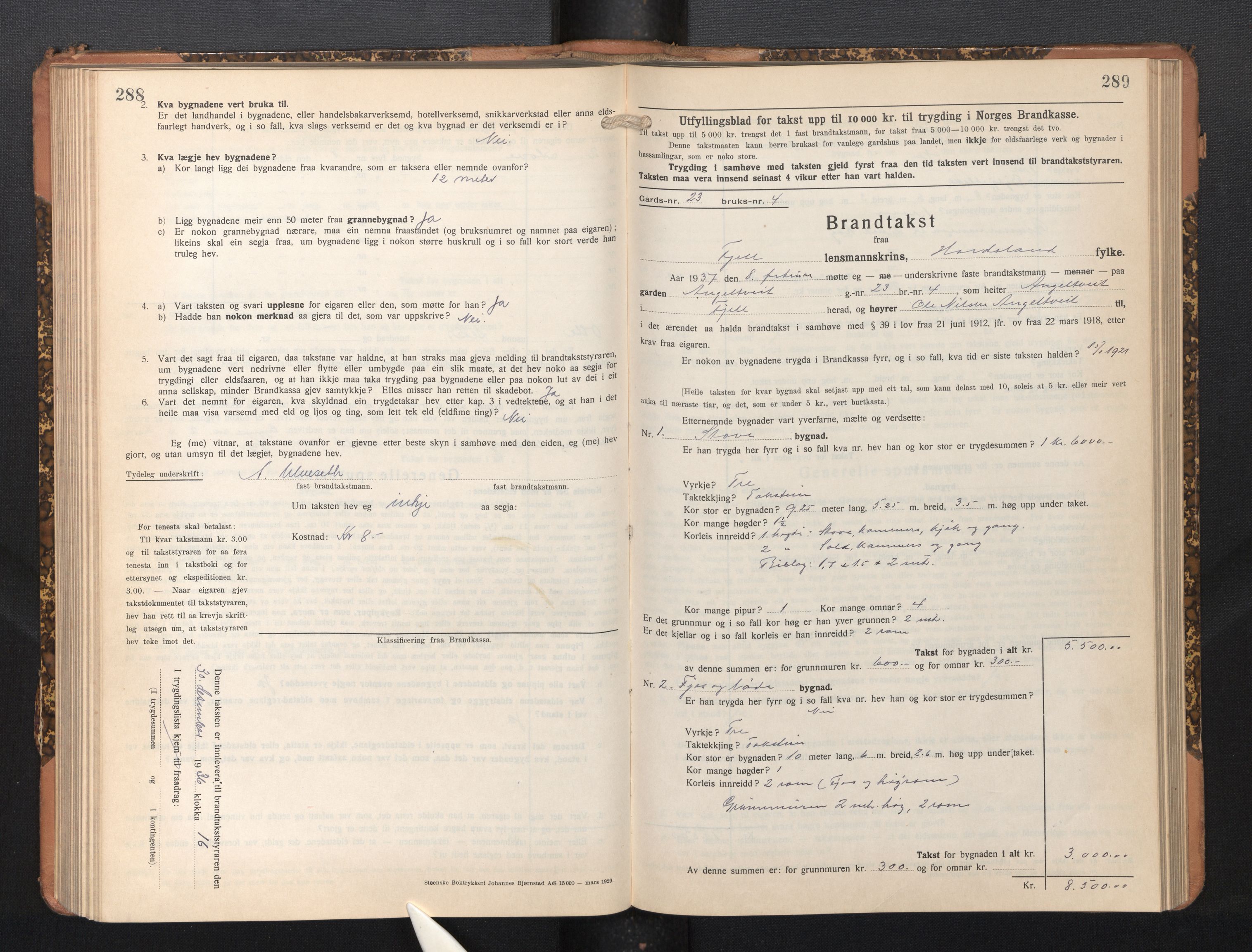 Lensmannen i Fjell, SAB/A-32301/0012/L0006: Branntakstprotokoll, skjematakst, 1931-1945, p. 288-289