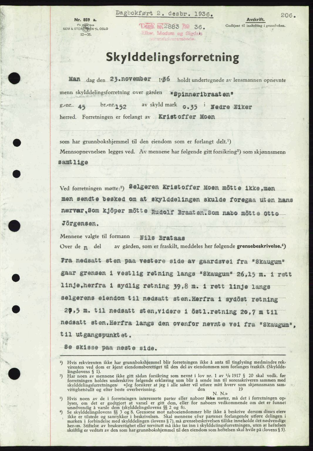 Eiker, Modum og Sigdal sorenskriveri, SAKO/A-123/G/Ga/Gab/L0034: Mortgage book no. A4, 1936-1937, Diary no: : 2883/1936