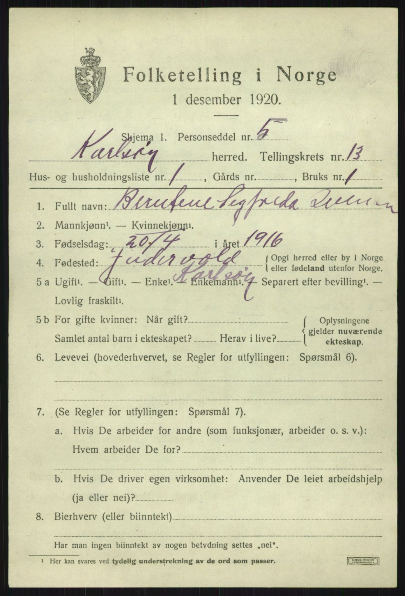 SATØ, 1920 census for Karlsøy, 1920, p. 4464