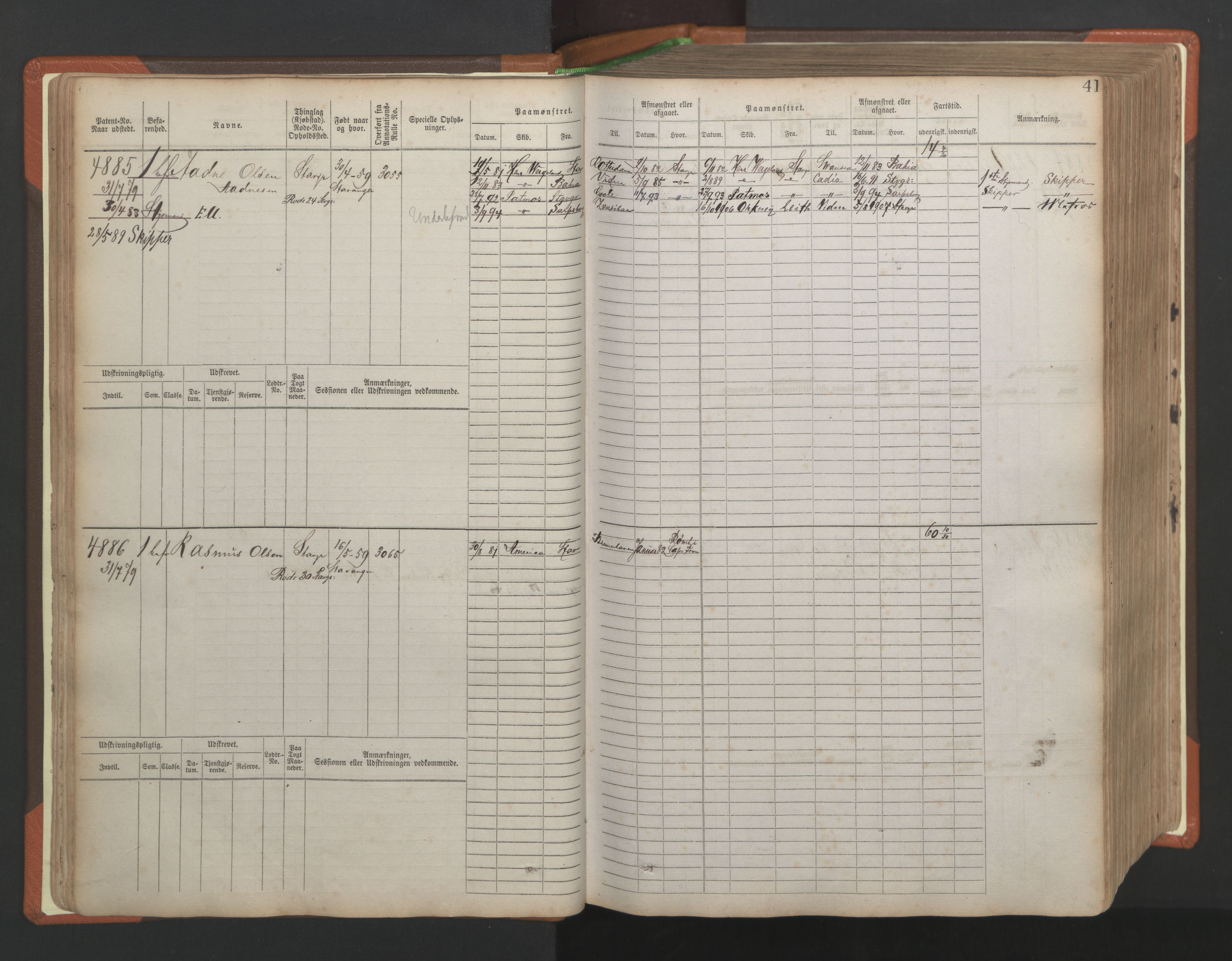 Stavanger sjømannskontor, AV/SAST-A-102006/F/Fb/Fbb/L0009: Sjøfartshovedrulle, patentnr. 4805-6006, 1879-1887, p. 45