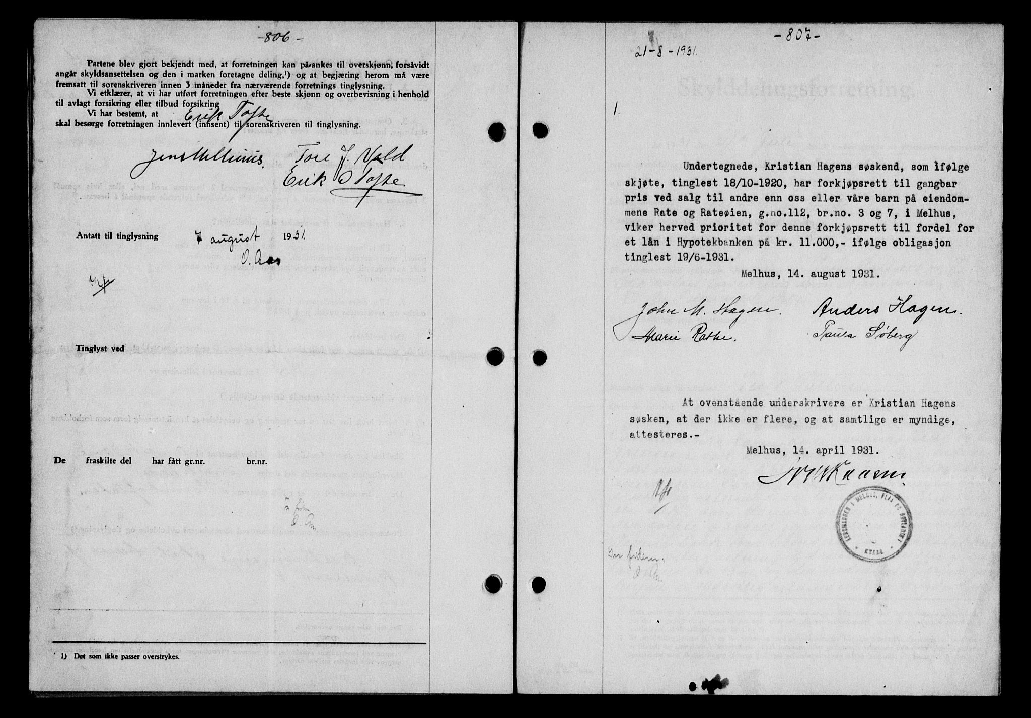 Gauldal sorenskriveri, AV/SAT-A-0014/1/2/2C/L0041: Mortgage book no. 42-43, 1930-1931, Deed date: 21.08.1931