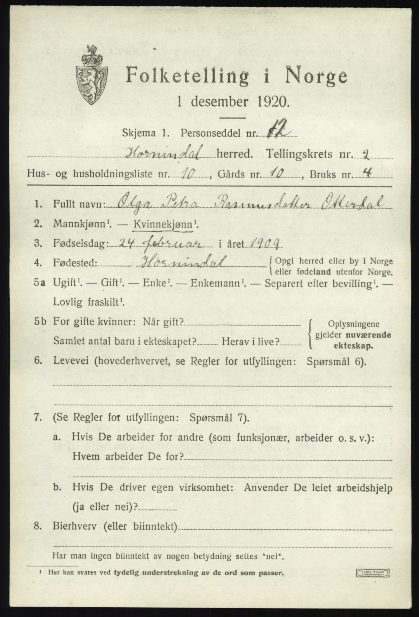 SAB, 1920 census for Hornindal, 1920, p. 1078