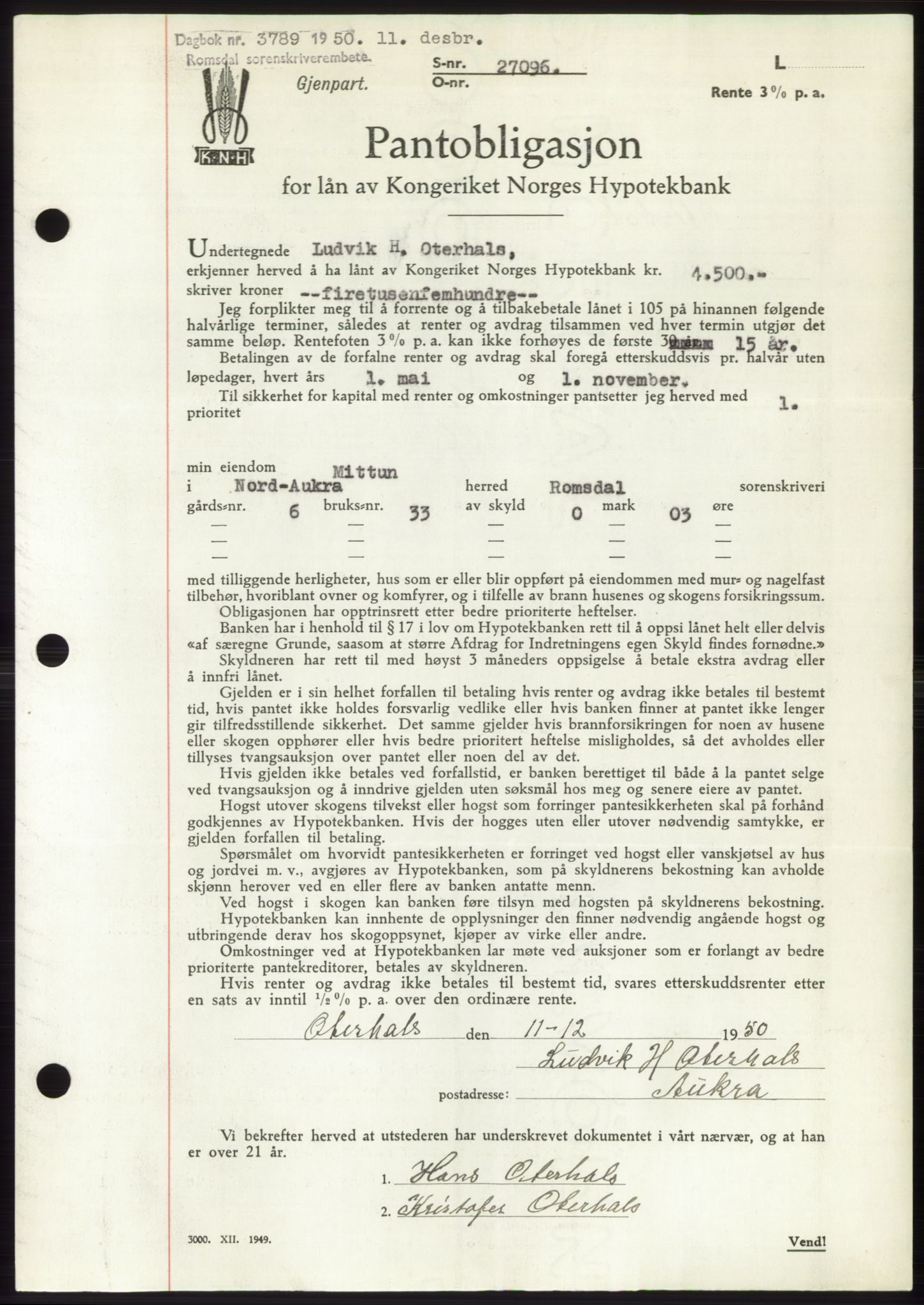 Romsdal sorenskriveri, AV/SAT-A-4149/1/2/2C: Mortgage book no. B5, 1949-1950, Diary no: : 3789/1950