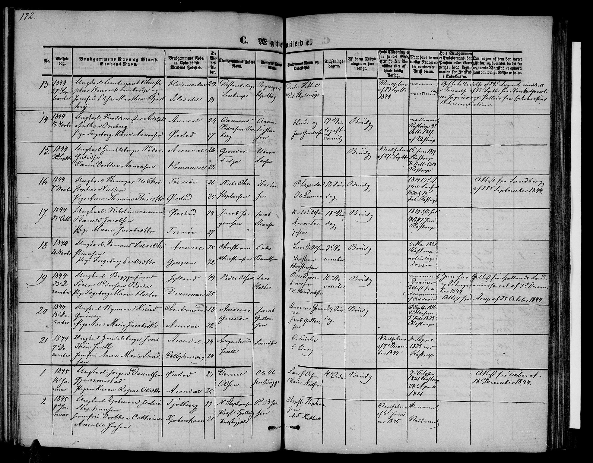 Arendal sokneprestkontor, Trefoldighet, SAK/1111-0040/F/Fb/L0002: Parish register (copy) no. B 2, 1838-1860, p. 172