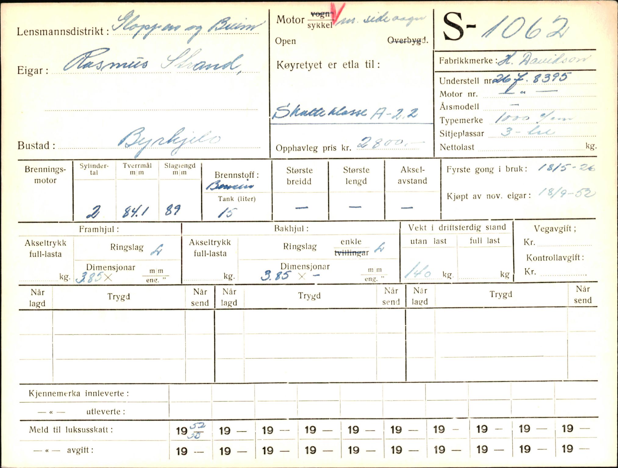 Statens vegvesen, Sogn og Fjordane vegkontor, AV/SAB-A-5301/4/F/L0003: Registerkort utmeldte Fjordane S1000-2499, 1930-1961, p. 105