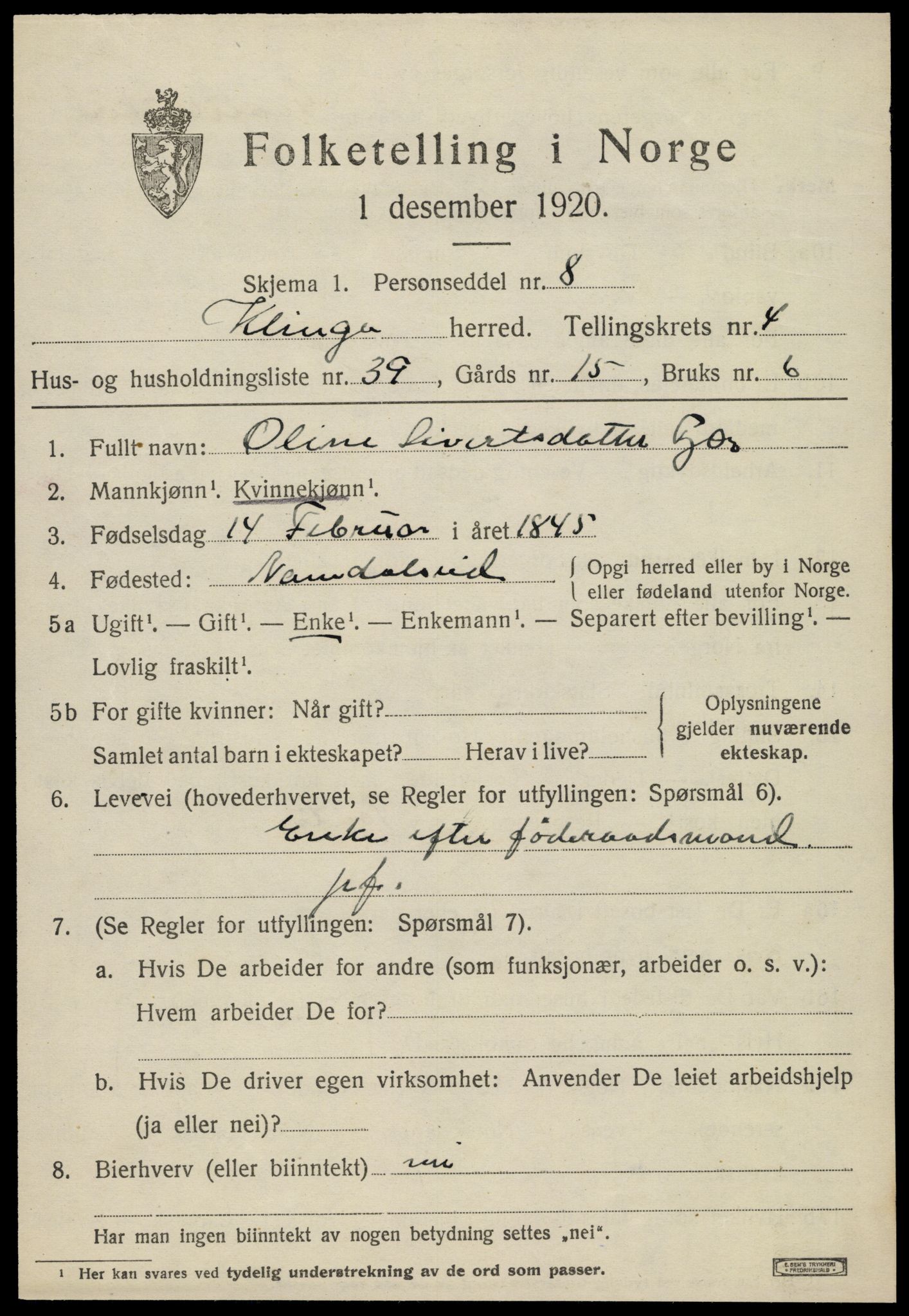 SAT, 1920 census for Klinga, 1920, p. 2855