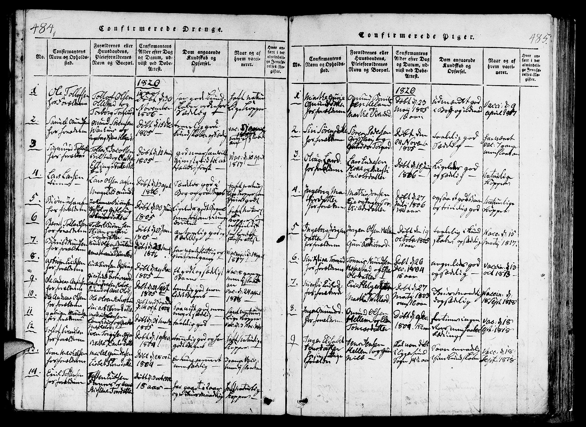 Lund sokneprestkontor, SAST/A-101809/S06/L0006: Parish register (official) no. A 6, 1816-1839, p. 484-485