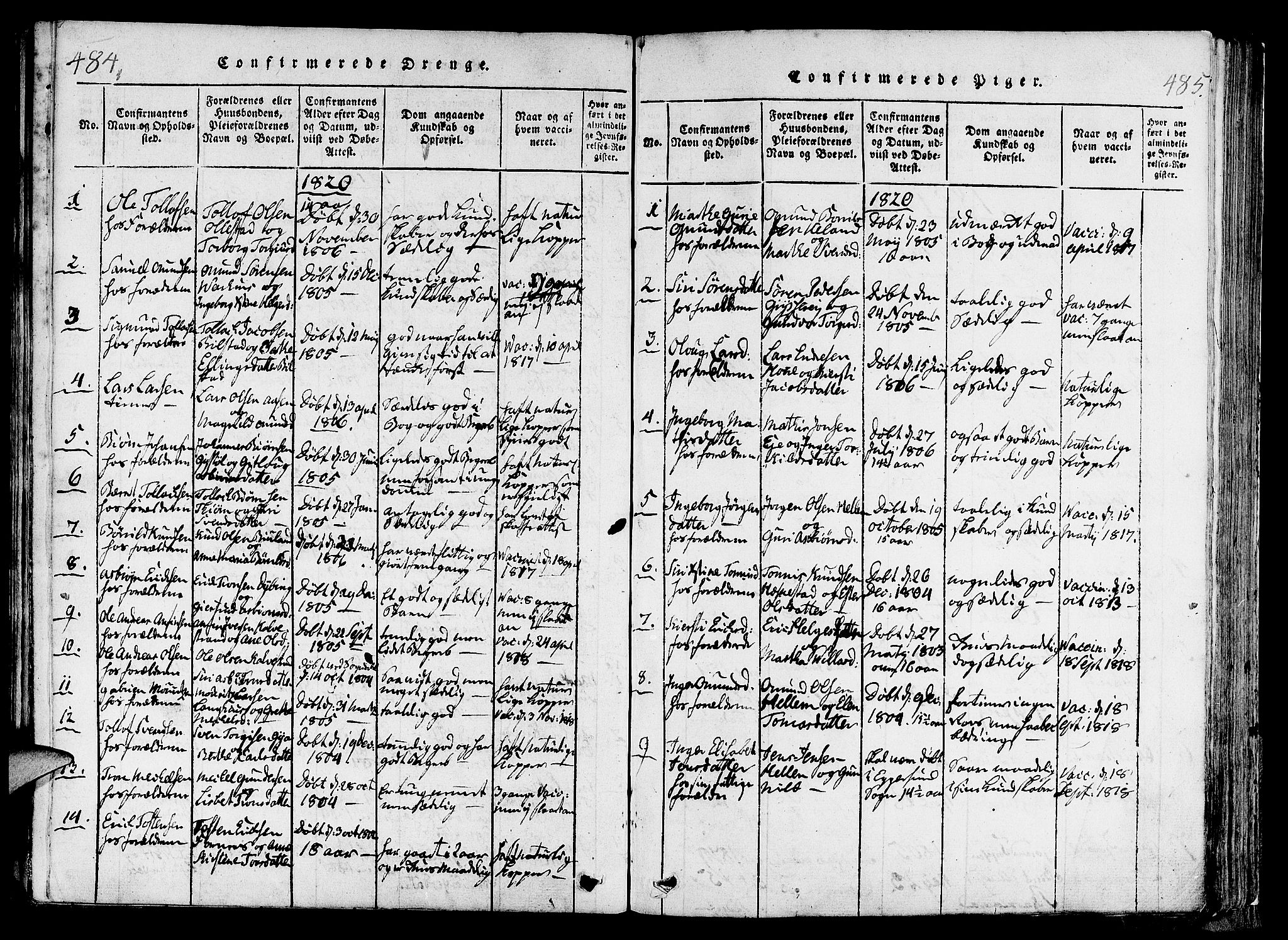 Lund sokneprestkontor, AV/SAST-A-101809/S06/L0006: Parish register (official) no. A 6, 1816-1839, p. 484-485