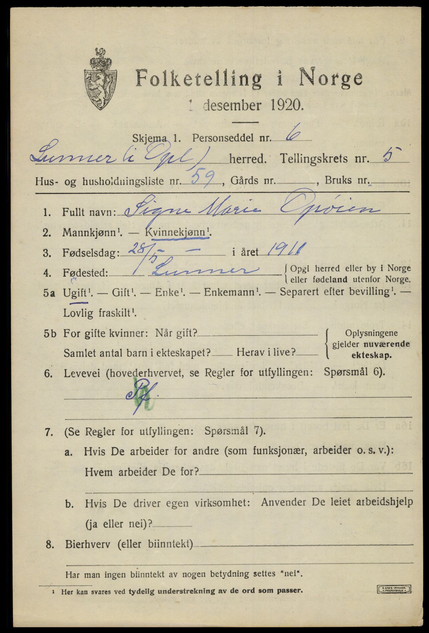 SAH, 1920 census for Lunner, 1920, p. 7657