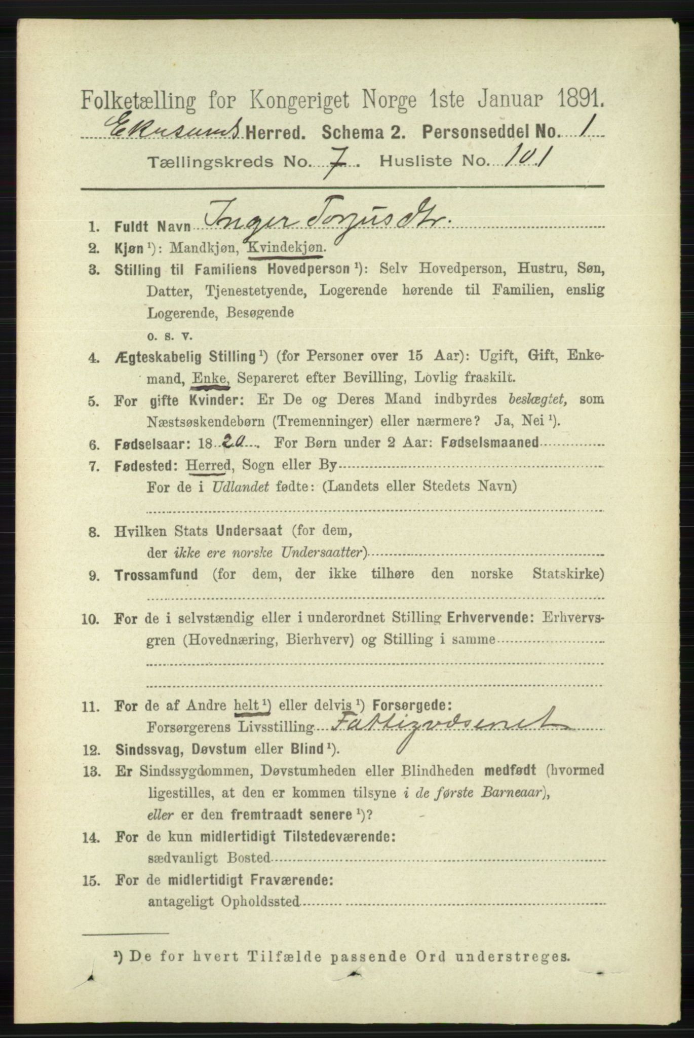 RA, 1891 census for 1116 Eigersund herred, 1891, p. 3409