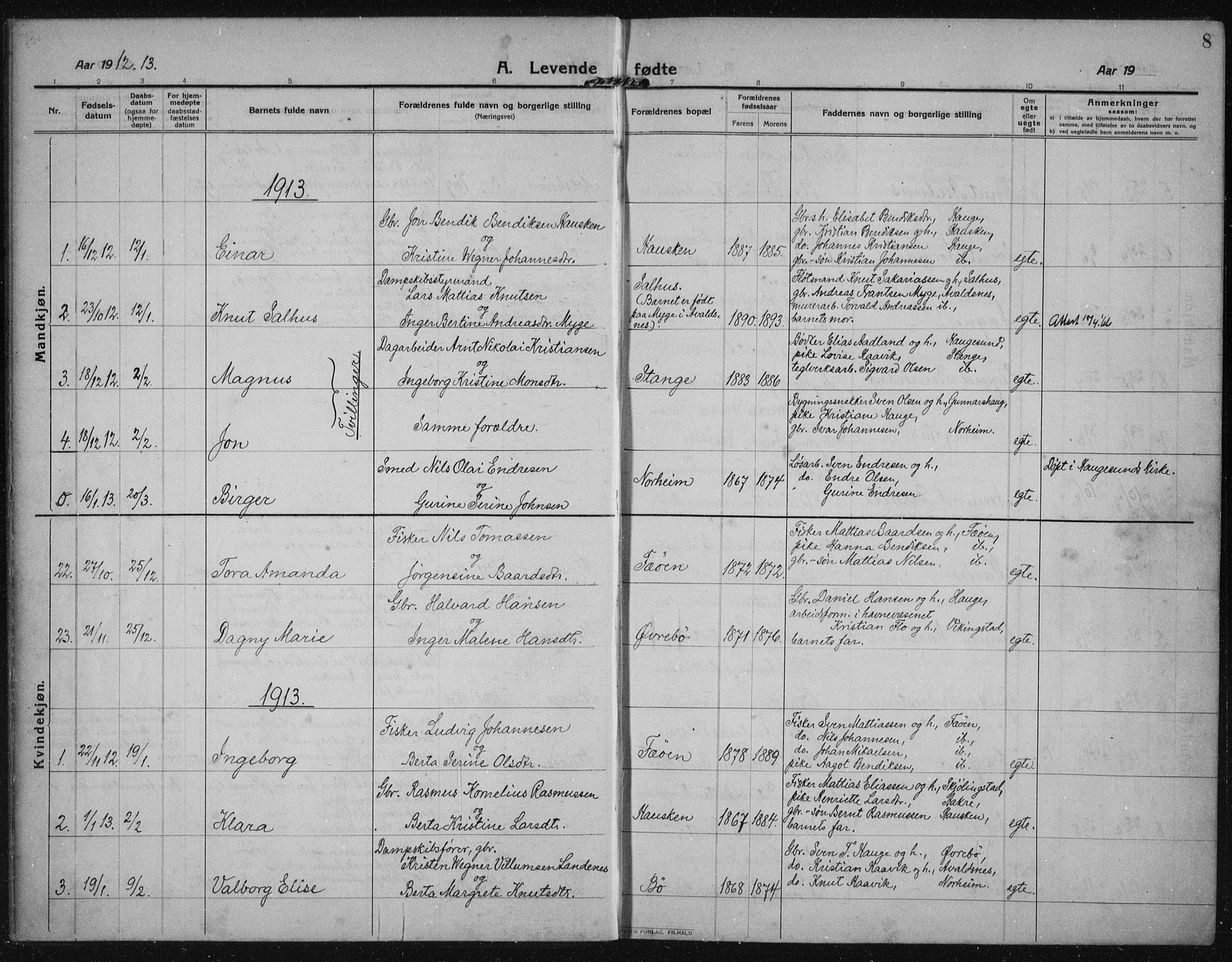 Torvastad sokneprestkontor, SAST/A -101857/H/Ha/Haa/L0019: Parish register (official) no. A 18, 1912-1920, p. 8