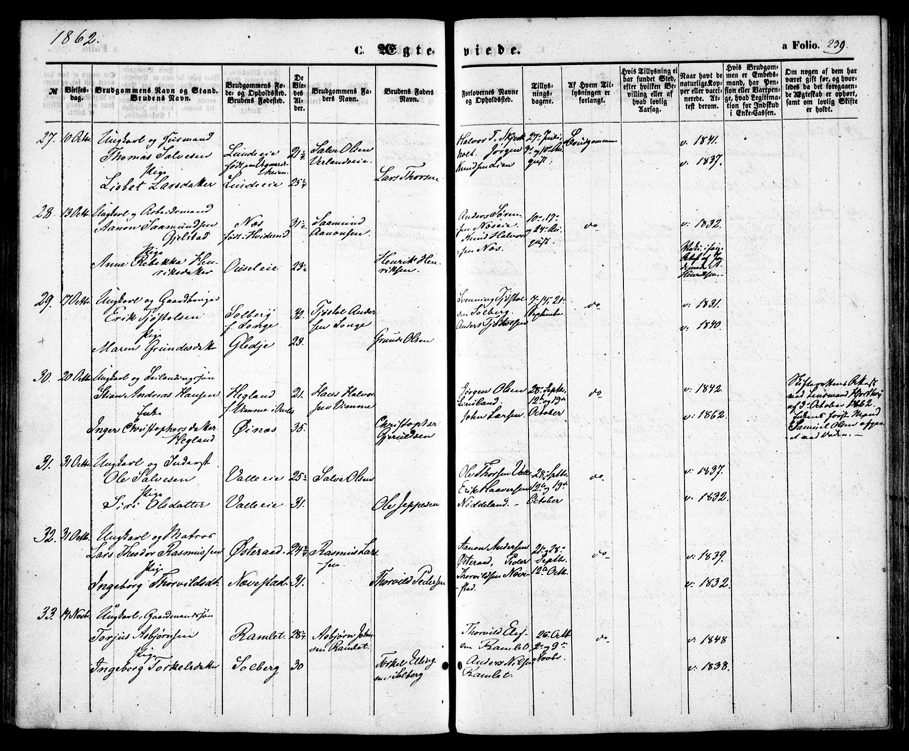 Holt sokneprestkontor, AV/SAK-1111-0021/F/Fa/L0009: Parish register (official) no. A 9, 1861-1871, p. 239