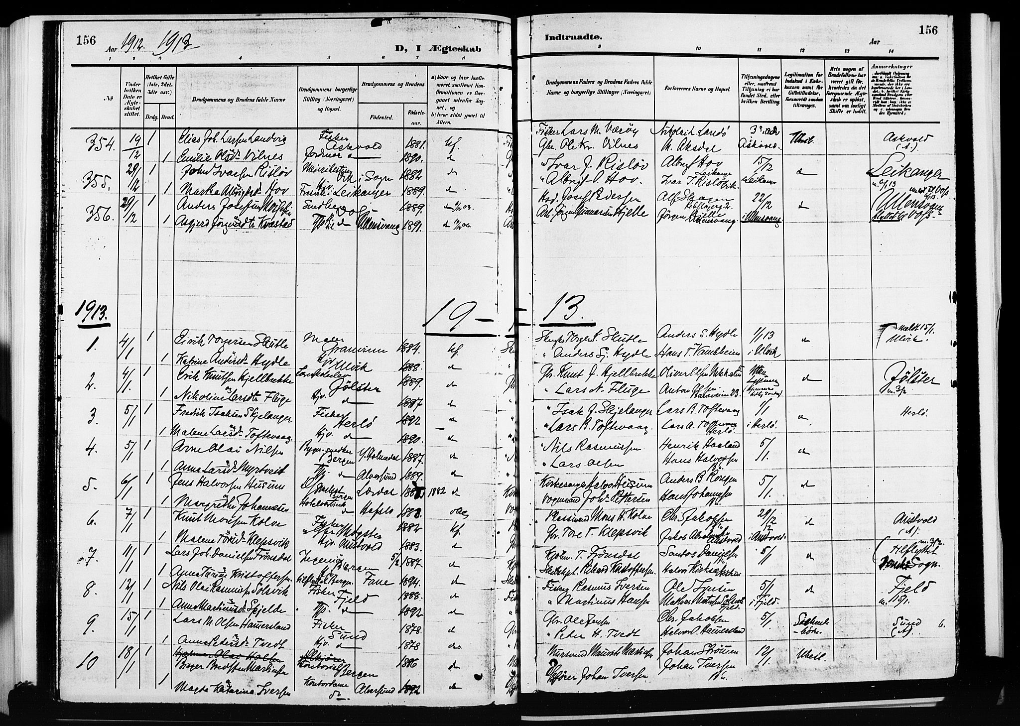 Nykirken Sokneprestembete, SAB/A-77101/H/Hab: Parish register (copy) no. D 3, 1905-1913, p. 156