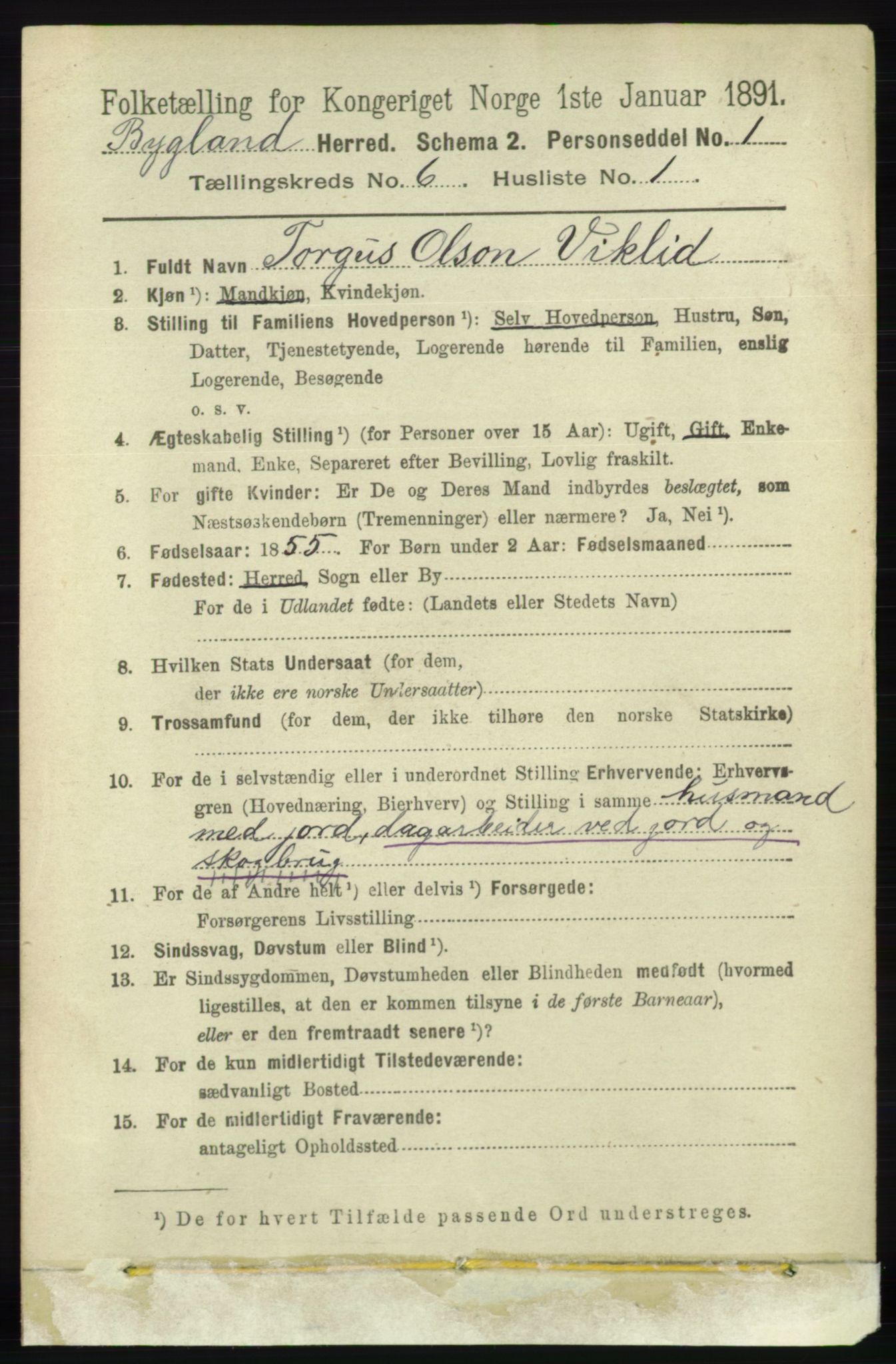 RA, 1891 census for 0938 Bygland, 1891, p. 1336