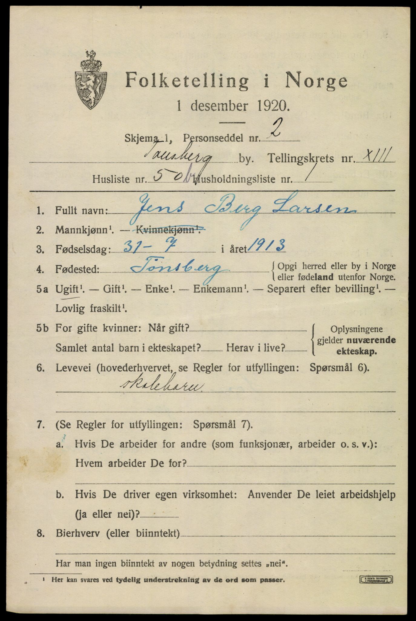 SAKO, 1920 census for Tønsberg, 1920, p. 22397