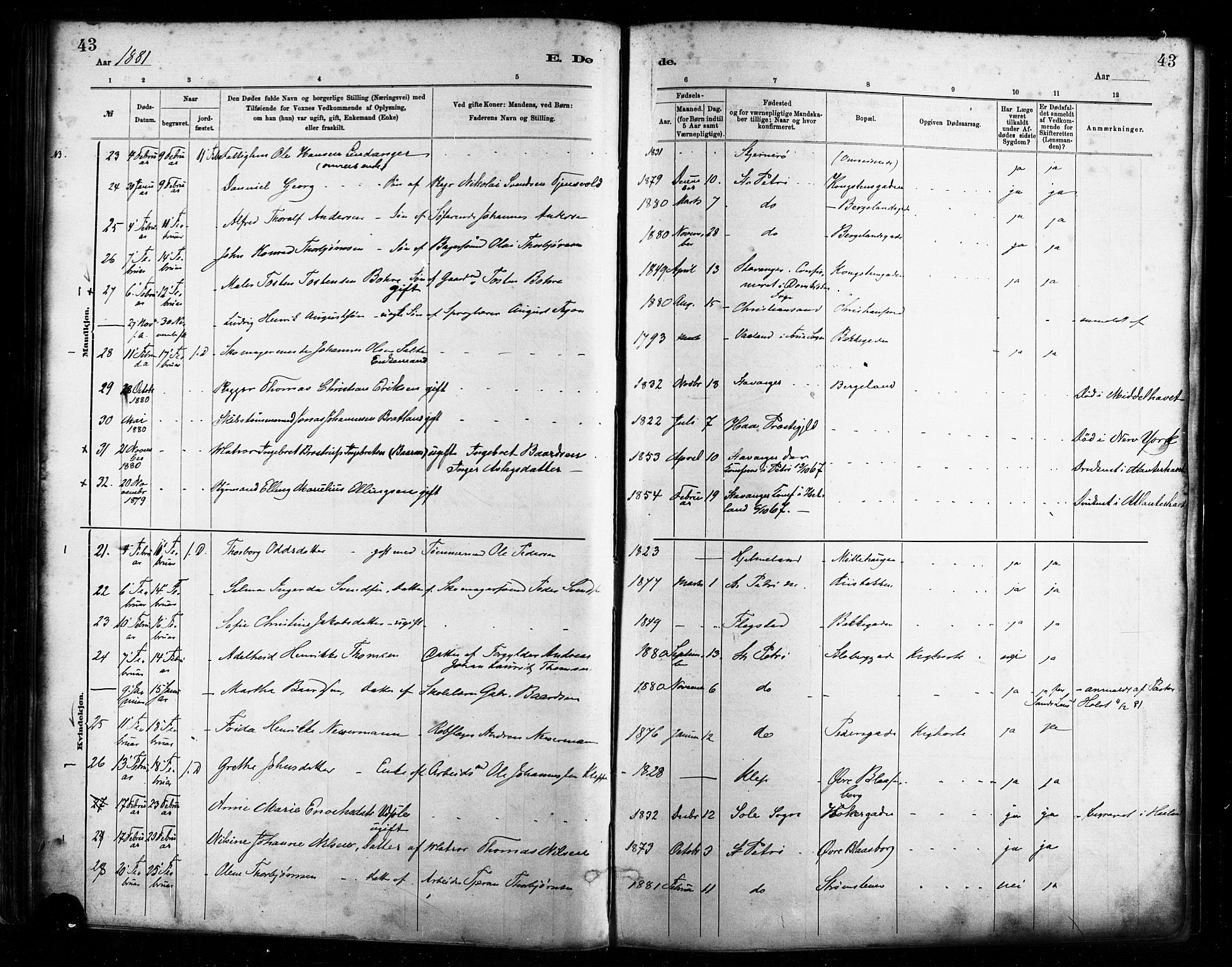 St. Petri sokneprestkontor, AV/SAST-A-101813/001/30/30BA/L0017: Parish register (official) no. A 17, 1879-1895, p. 43