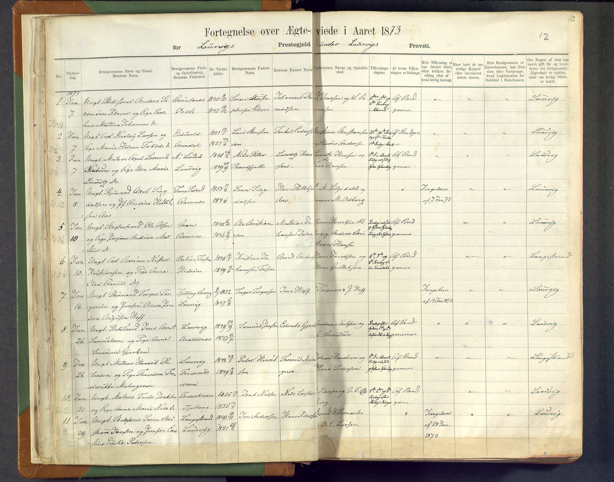 Larvik kirkebøker, SAKO/A-352/F/Fa/L0007: Parish register (official) no. I 7, 1871-1883, p. 12