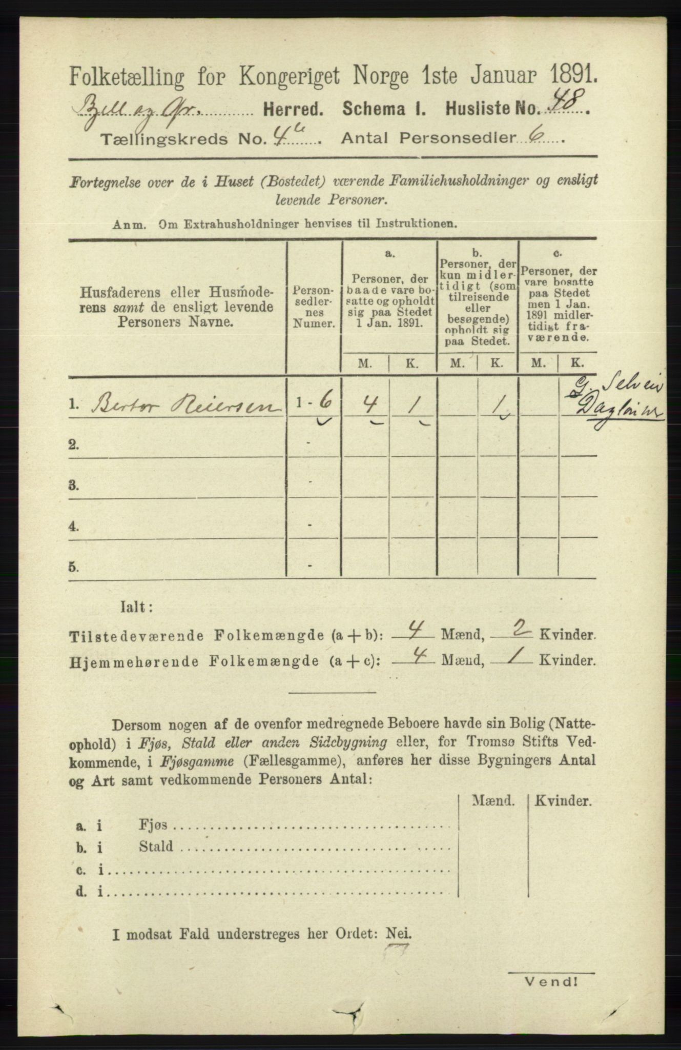 RA, 1891 census for 1024 Bjelland og Grindheim, 1891, p. 2076