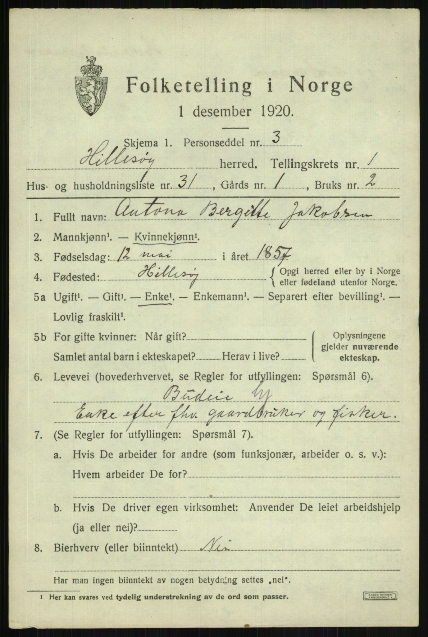 SATØ, 1920 census for Hillesøy, 1920, p. 1087