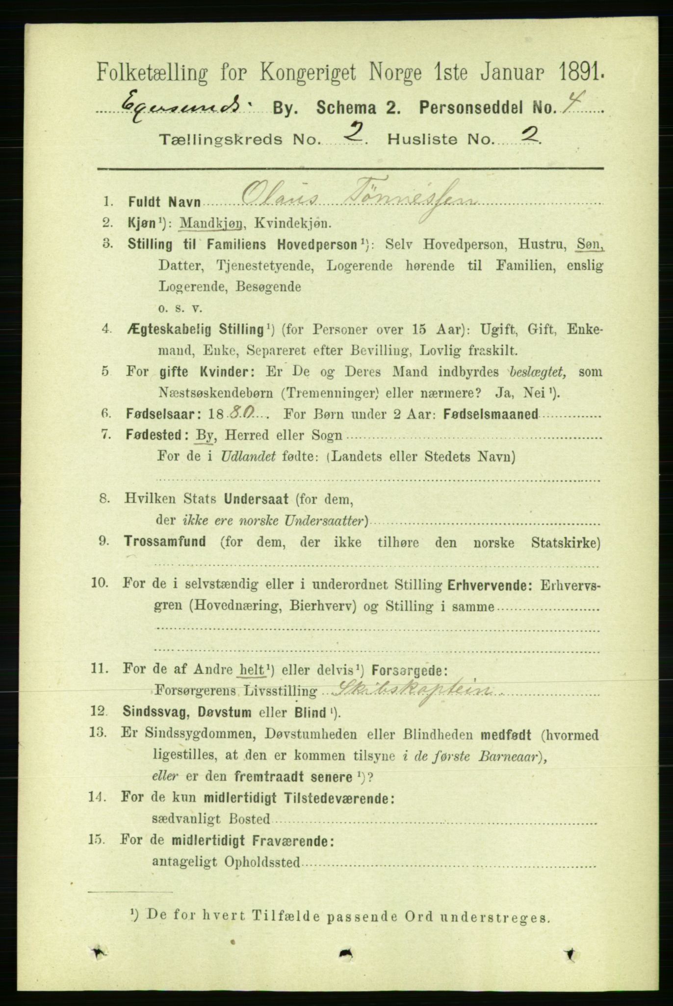 RA, 1891 census for 1101 Egersund, 1891, p. 237