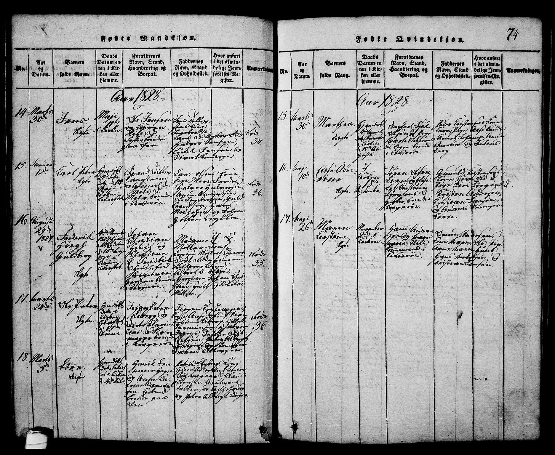 Kragerø kirkebøker, SAKO/A-278/G/Ga/L0002: Parish register (copy) no. 2, 1814-1831, p. 74