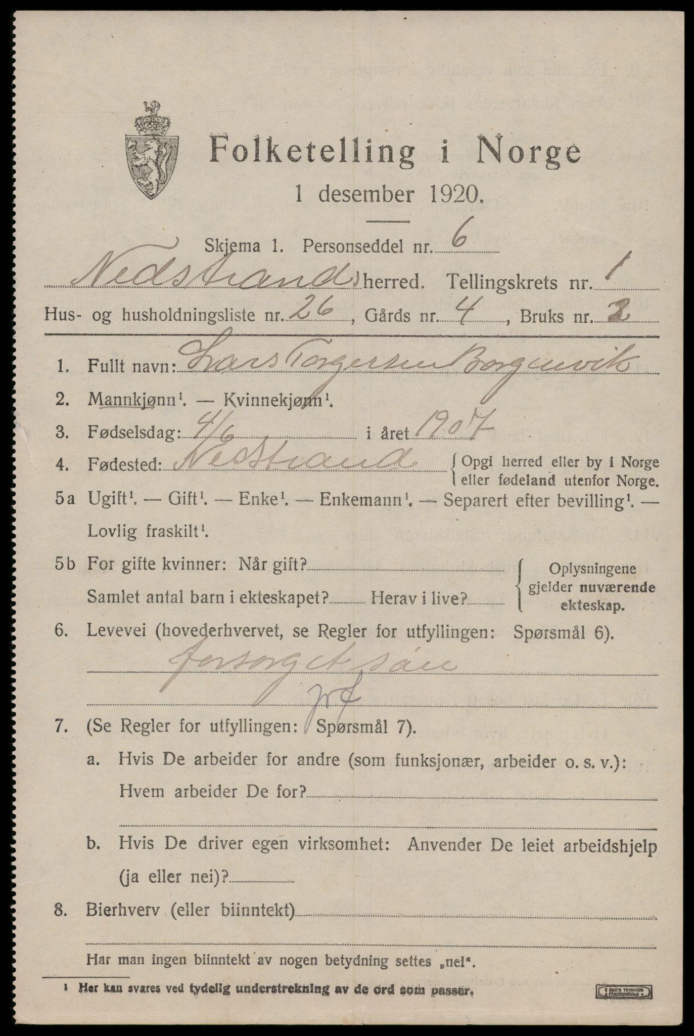 SAST, 1920 census for Nedstrand, 1920, p. 883