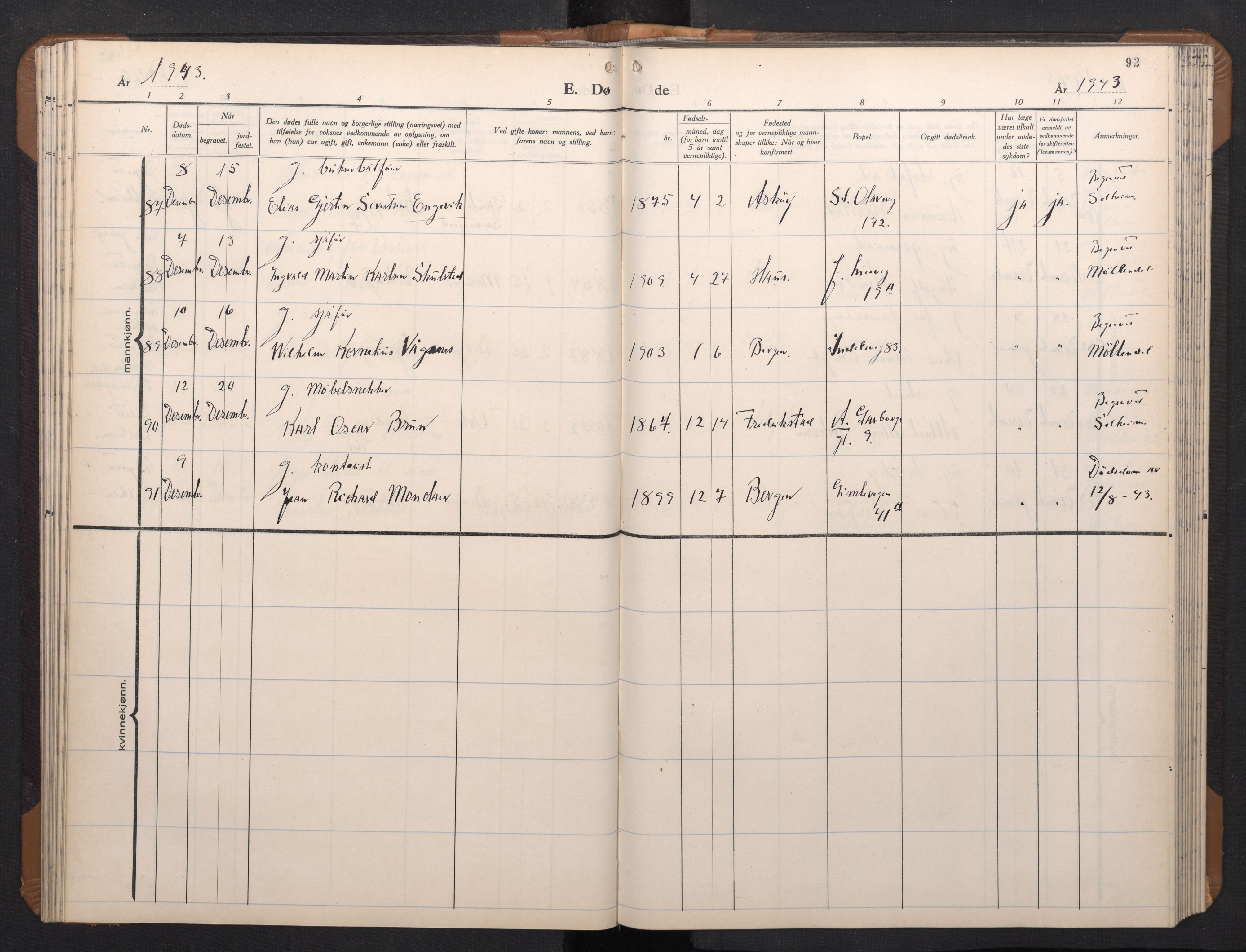 Årstad Sokneprestembete, AV/SAB-A-79301/H/Hab/L0026: Parish register (copy) no. D 3, 1940-1950, p. 91b-92a