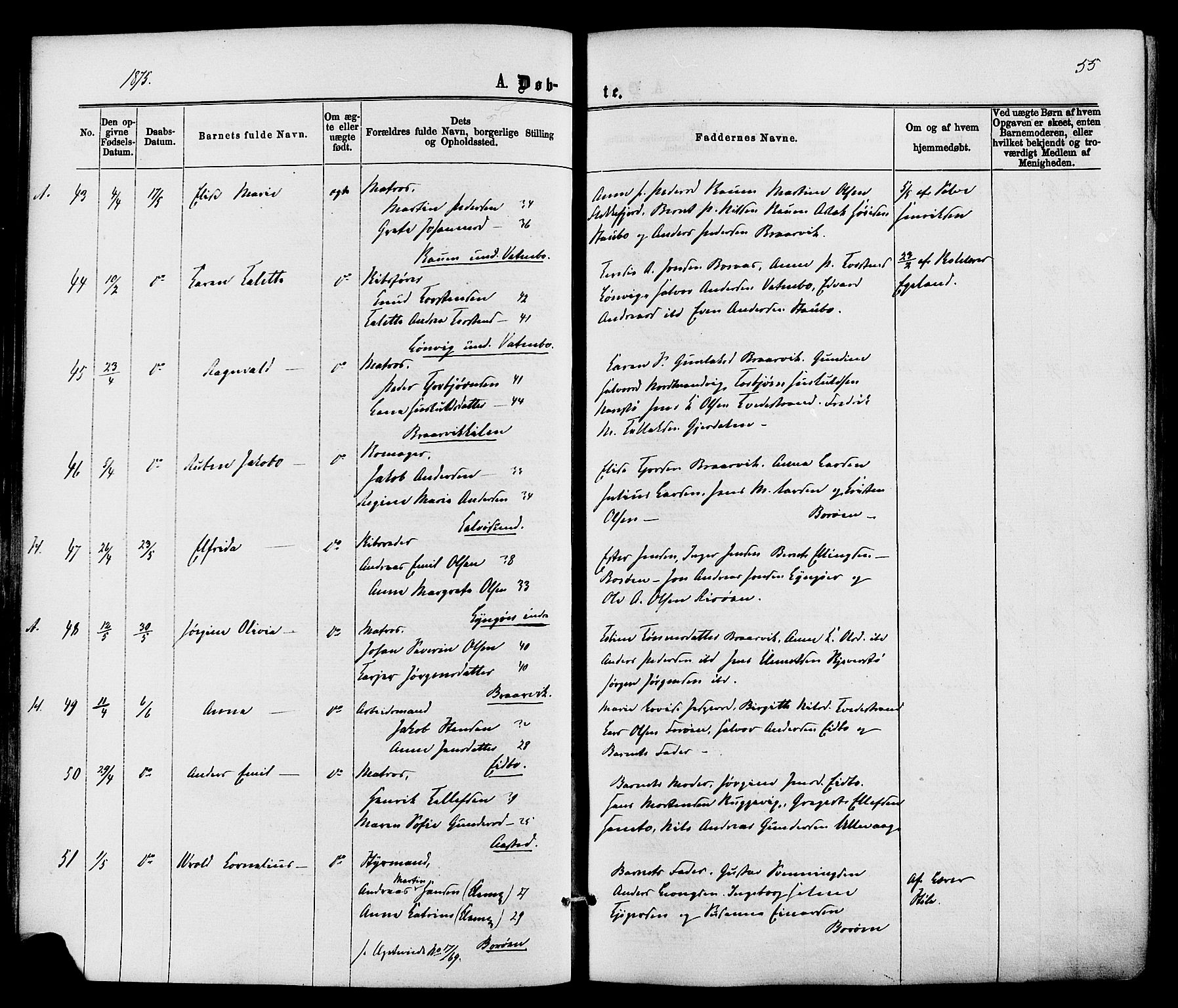 Dypvåg sokneprestkontor, SAK/1111-0007/F/Fa/Faa/L0007: Parish register (official) no. A 7/ 1, 1872-1884, p. 55