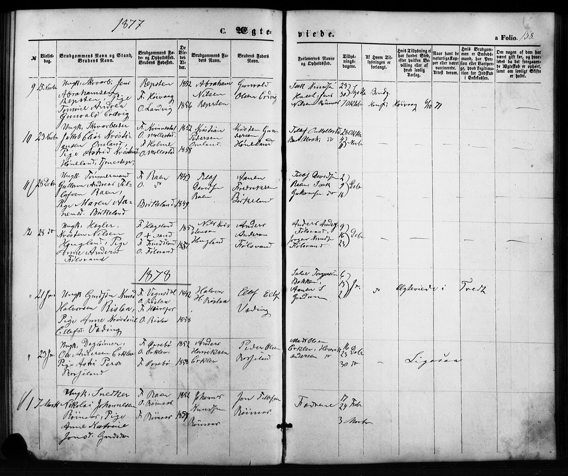 Birkenes sokneprestkontor, SAK/1111-0004/F/Fb/L0003: Parish register (copy) no. B 3, 1876-1892, p. 158