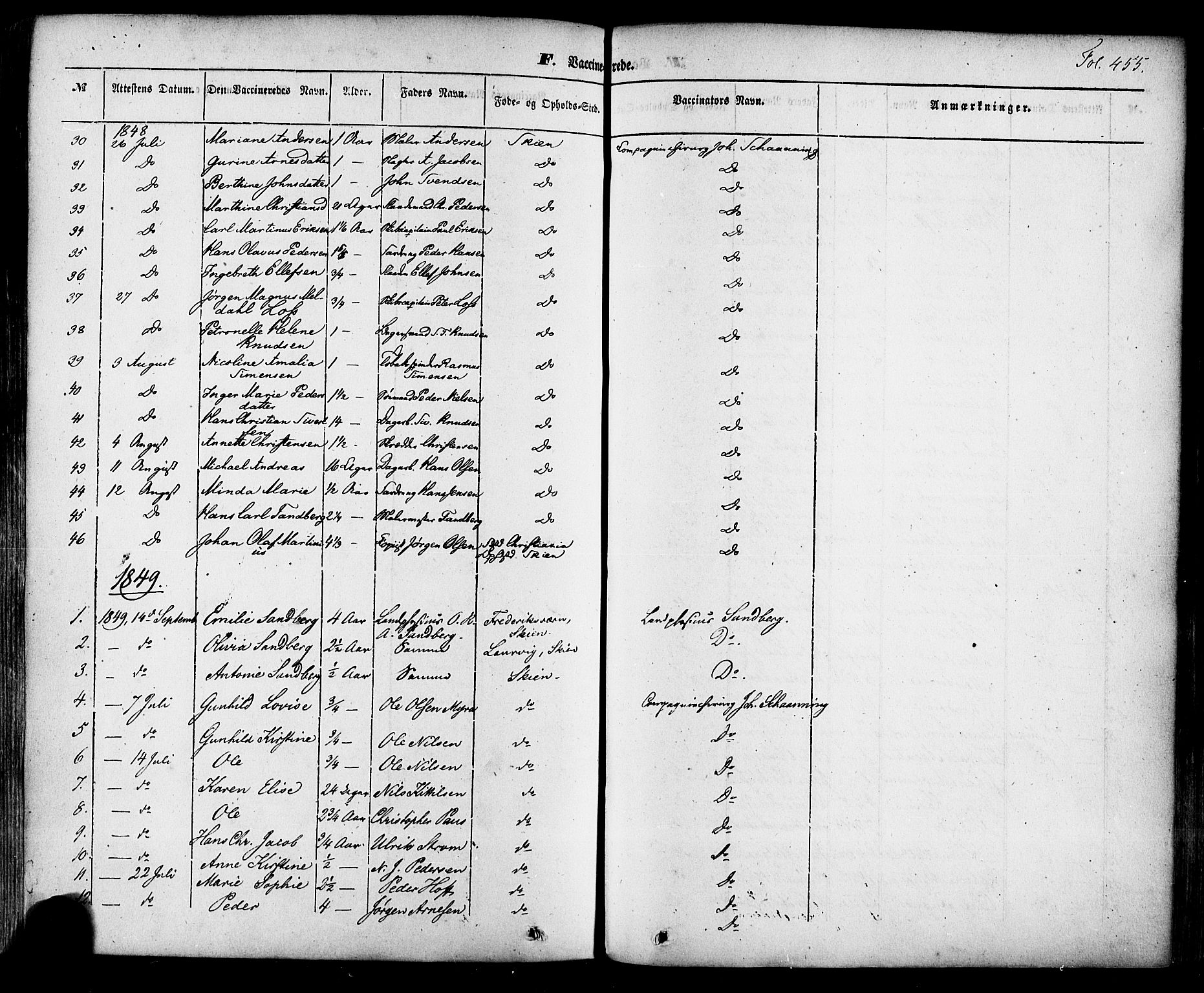 Skien kirkebøker, SAKO/A-302/F/Fa/L0006a: Parish register (official) no. 6A, 1843-1856, p. 455