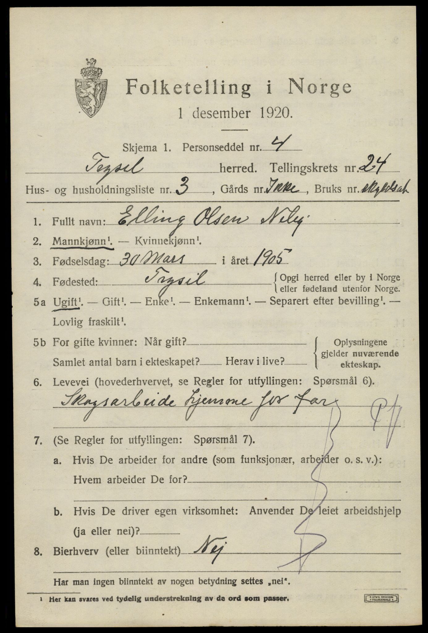 SAH, 1920 census for Trysil, 1920, p. 15239