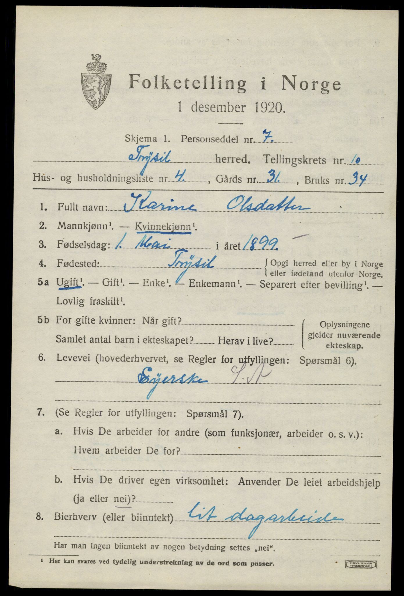 SAH, 1920 census for Trysil, 1920, p. 6903