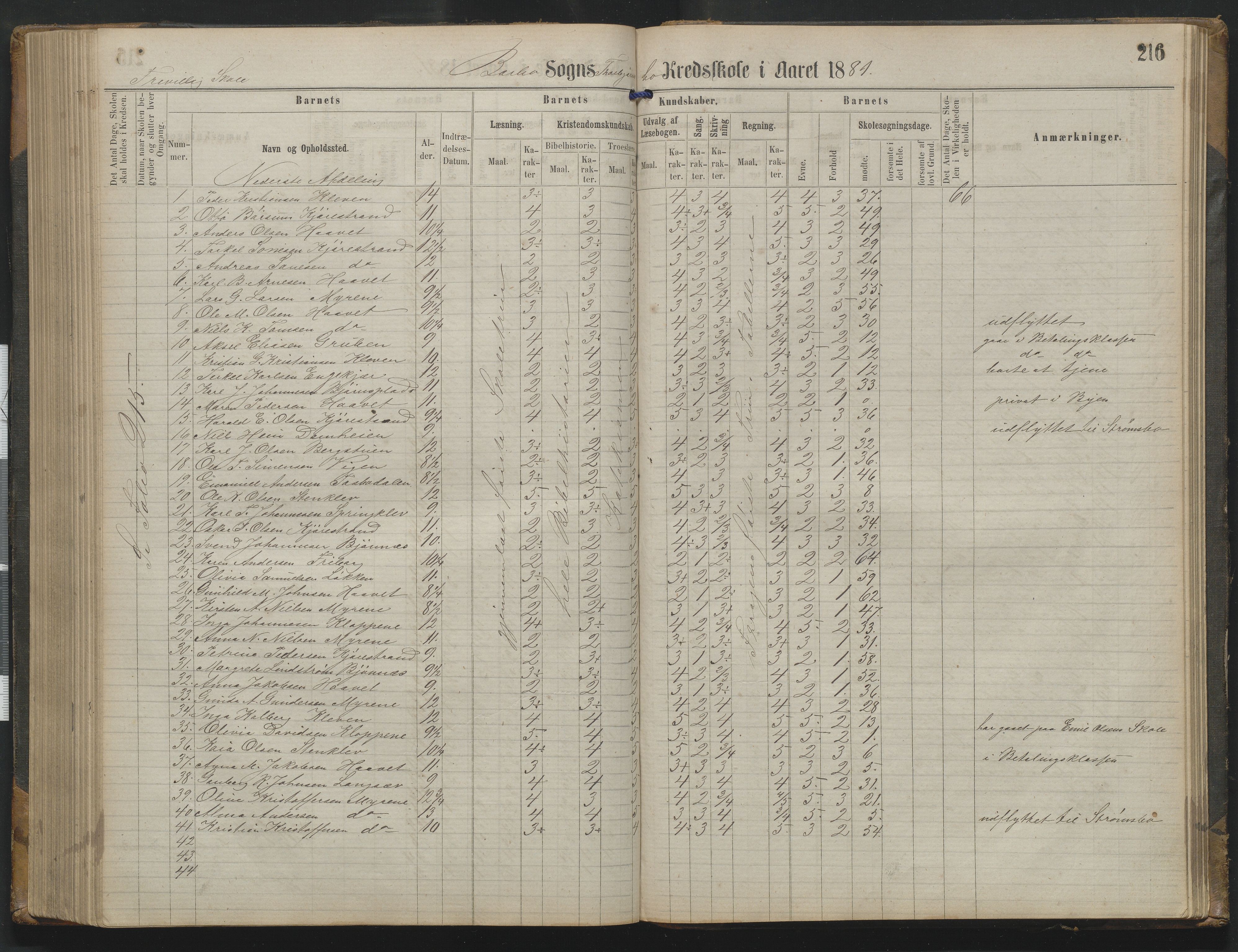 Arendal kommune, Katalog I, AAKS/KA0906-PK-I/07/L0342: Protokoll Torbjørnsbu skole, 1869-1890, p. 216