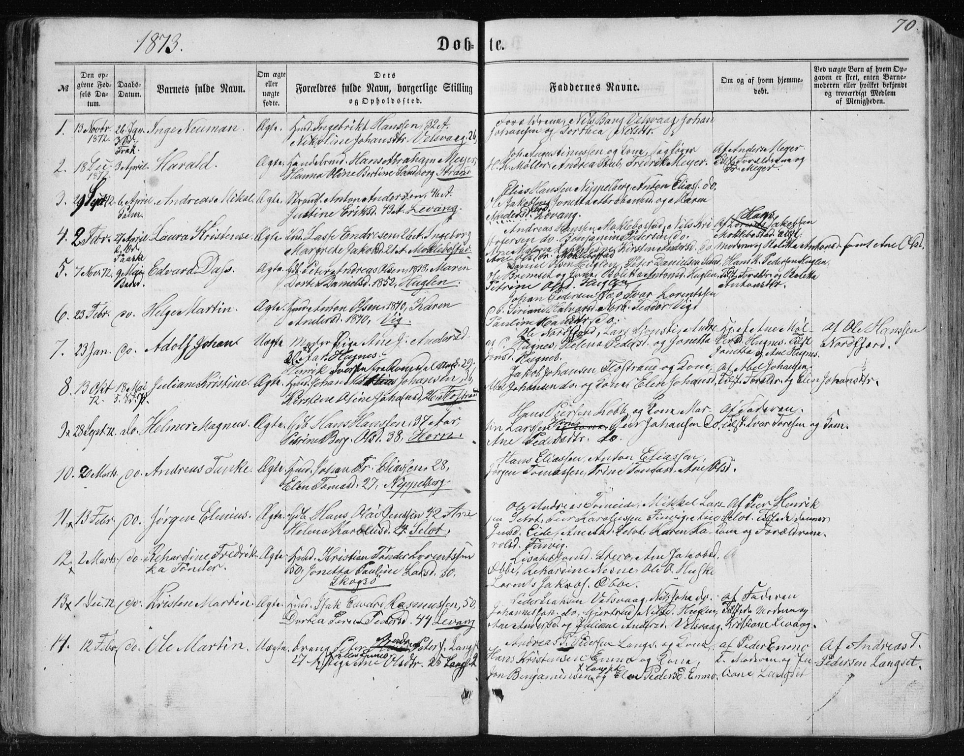 Ministerialprotokoller, klokkerbøker og fødselsregistre - Nordland, SAT/A-1459/838/L0556: Parish register (copy) no. 838C03, 1861-1893, p. 70