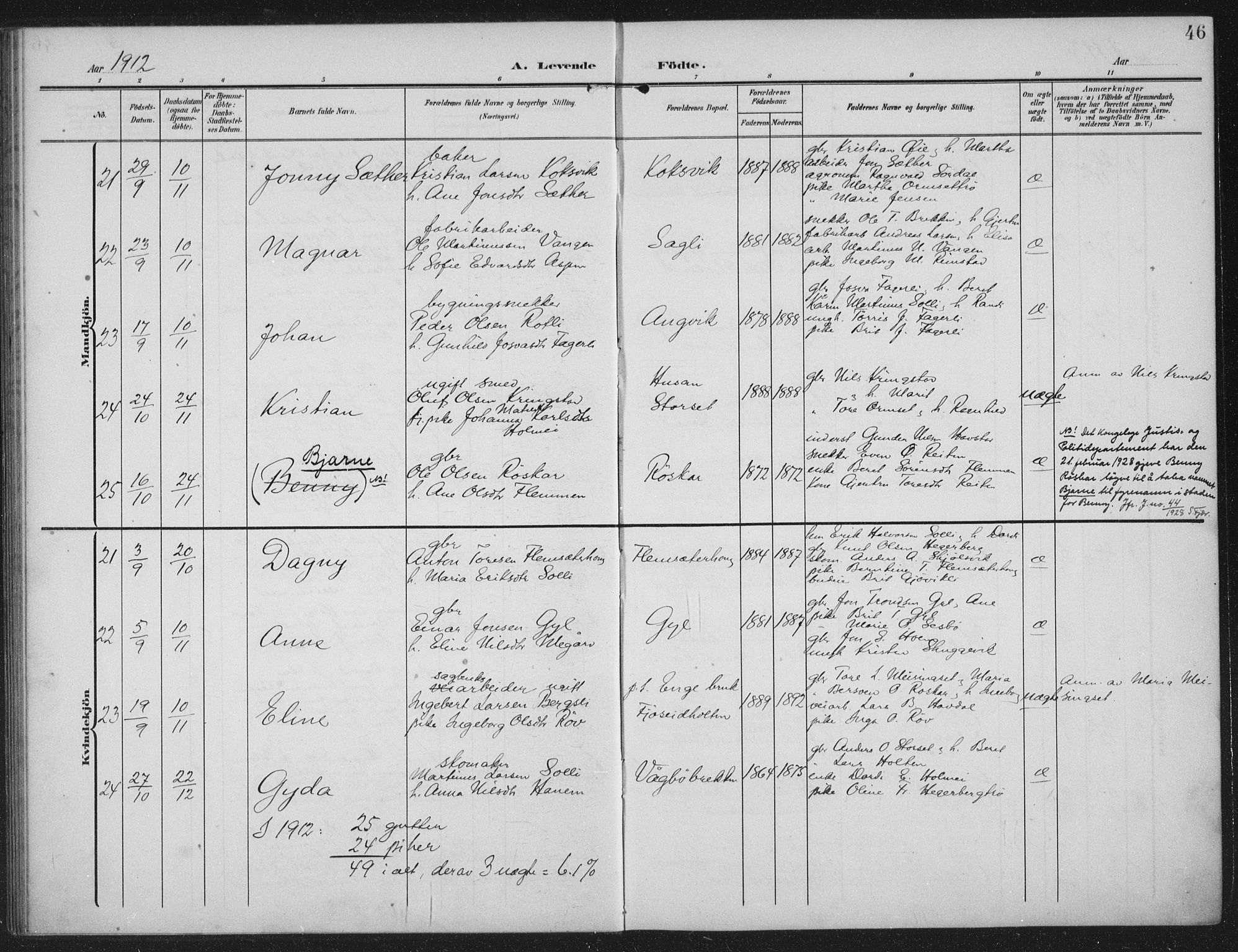 Ministerialprotokoller, klokkerbøker og fødselsregistre - Møre og Romsdal, AV/SAT-A-1454/586/L0989: Parish register (official) no. 586A15, 1906-1915, p. 46